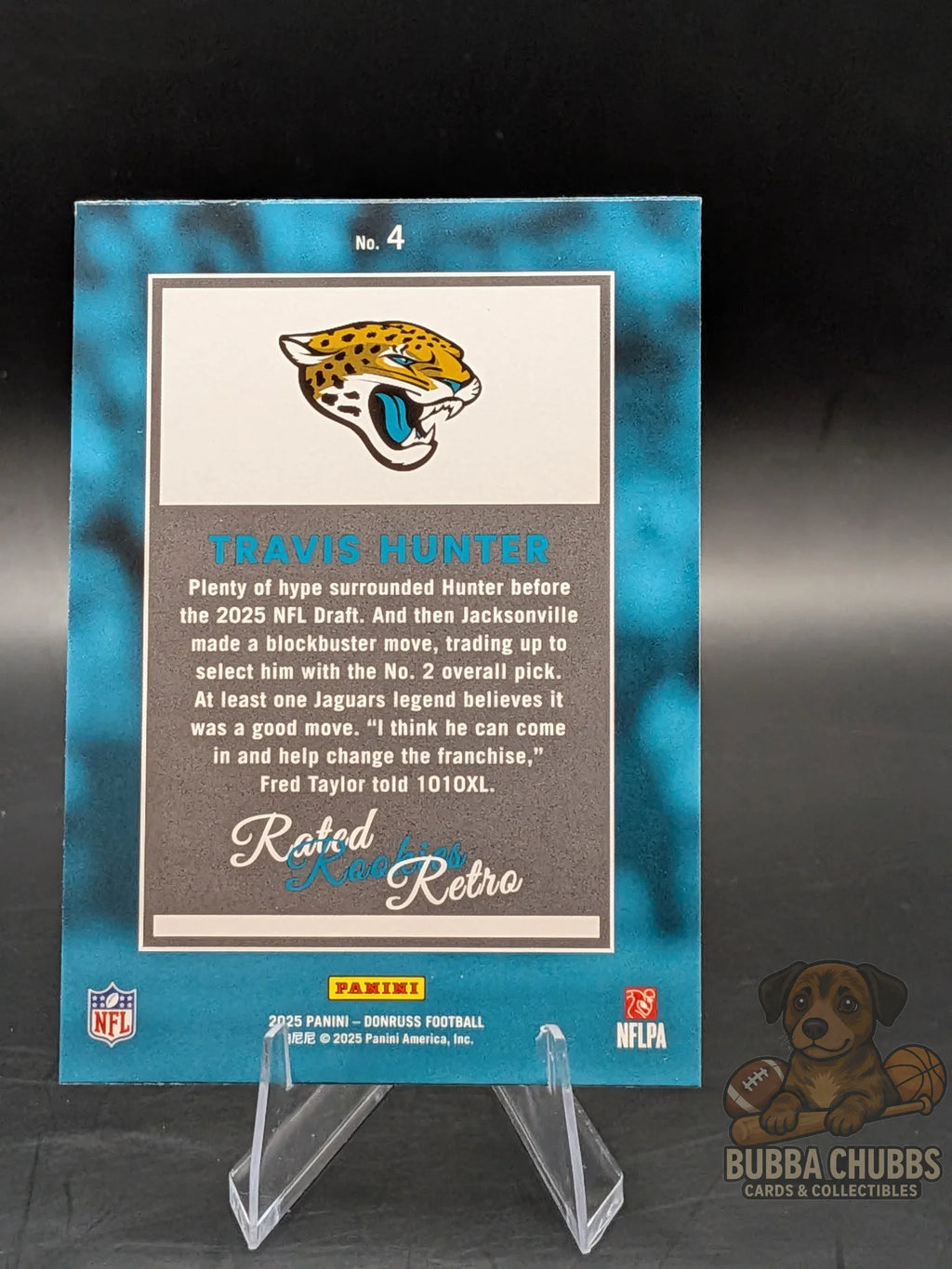 Football trading card of Travis Hunter from the Jacksonville Jaguars panini donruss rated rookie retro insert