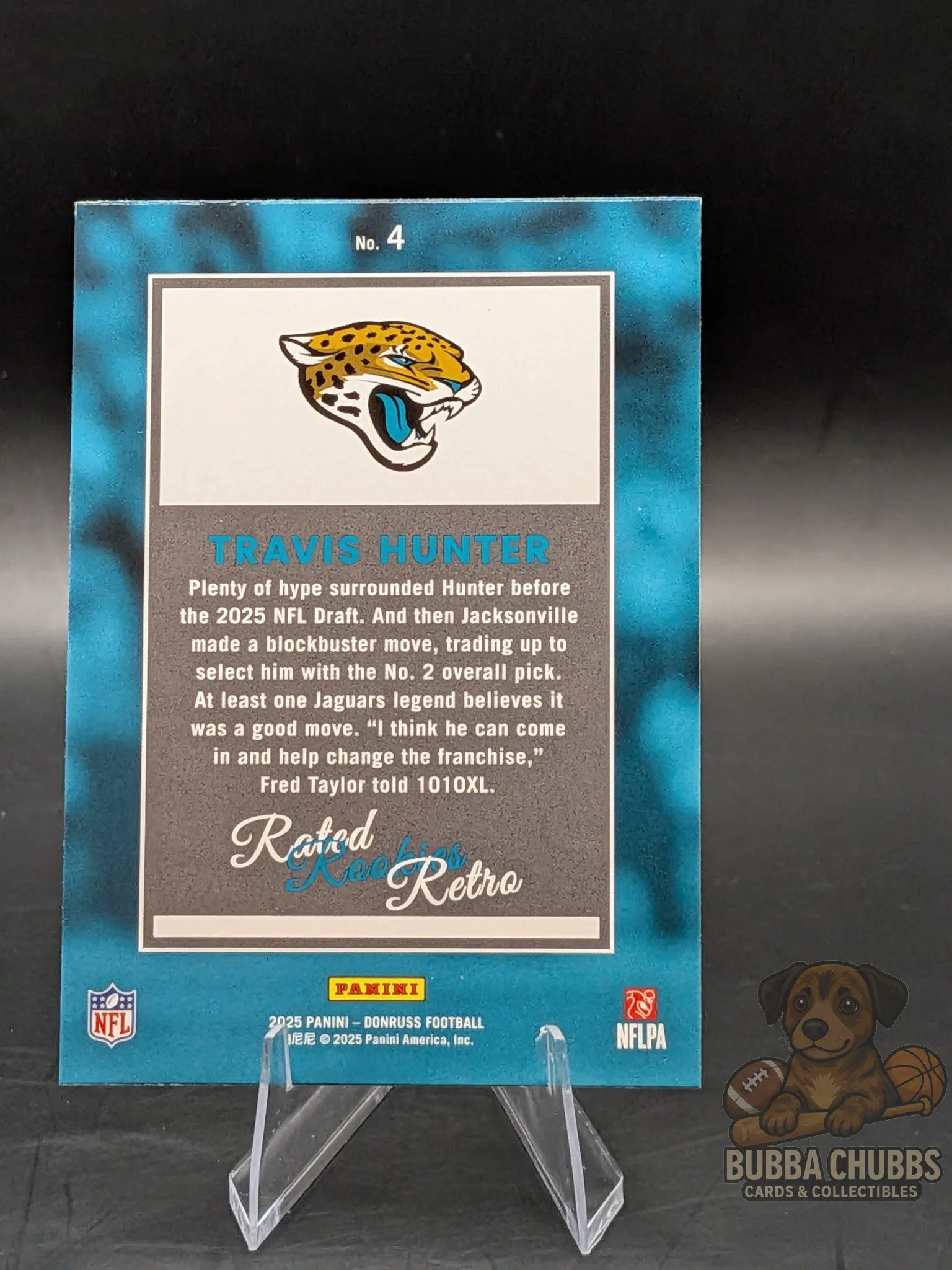 Football trading card of Travis Hunter from the Jacksonville Jaguars panini donruss rated rookie retro insert