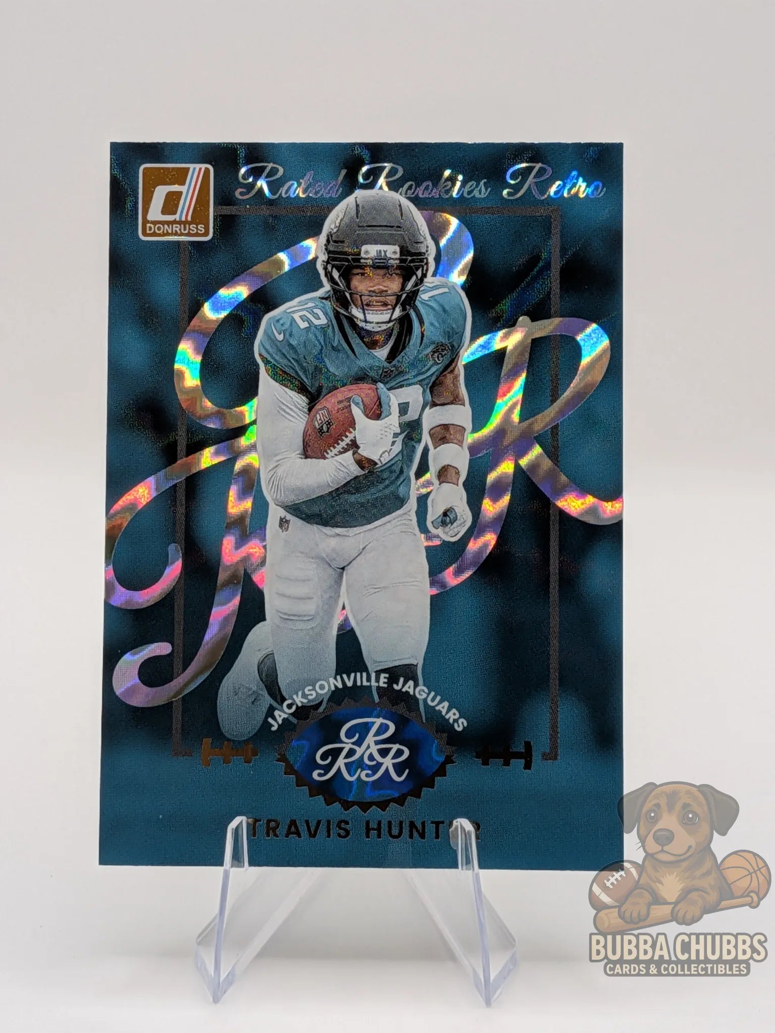 Football trading card of Travis Hunter from the Jacksonville Jaguars panini donruss rated rookie retro insert