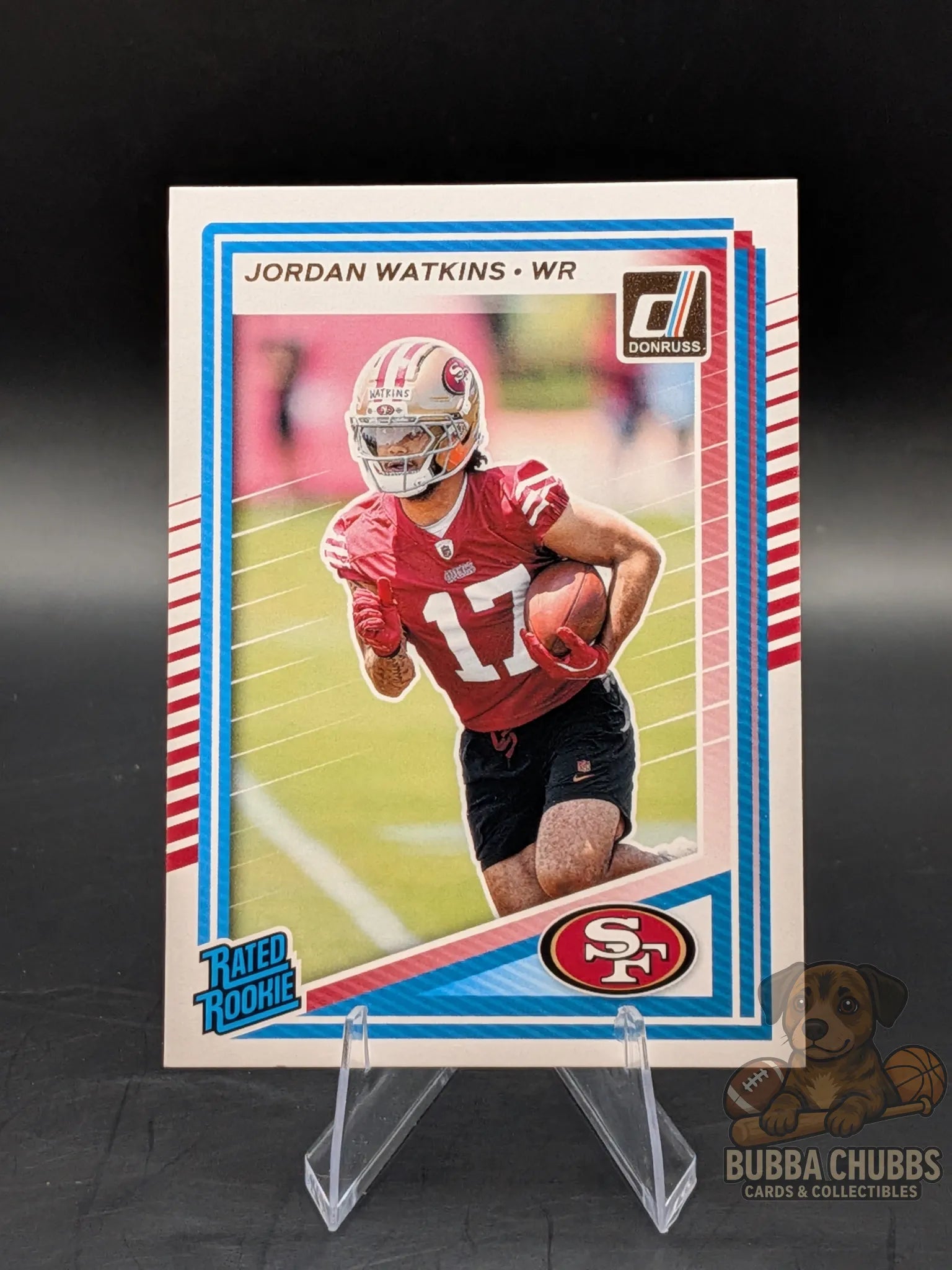 Football trading card of Jordan Watkins with San Francisco 49ers panini donruss rated rookie 