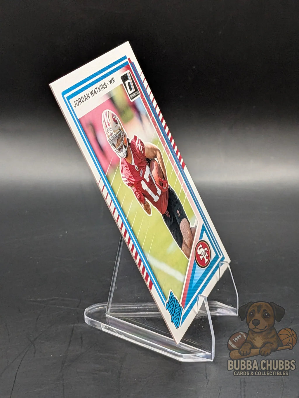Football trading card of Jordan Watkins with San Francisco 49ers panini donruss rated rookie 
