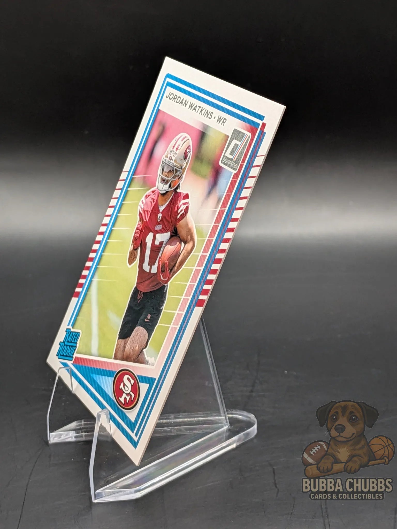 Football trading card of Jordan Watkins with San Francisco 49ers panini donruss rated rookie 