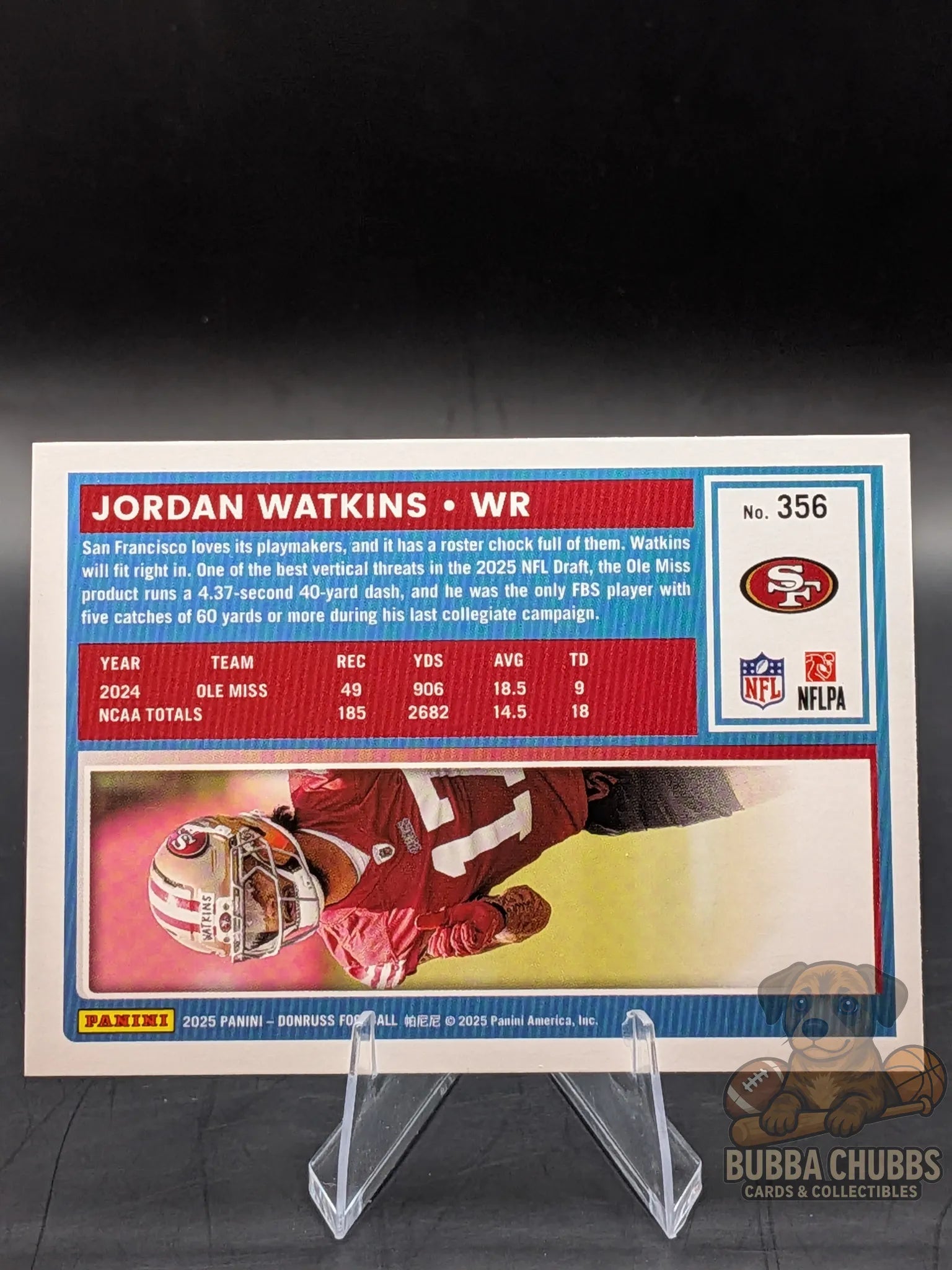 Football trading card of Jordan Watkins with San Francisco 49ers panini donruss rated rookie 