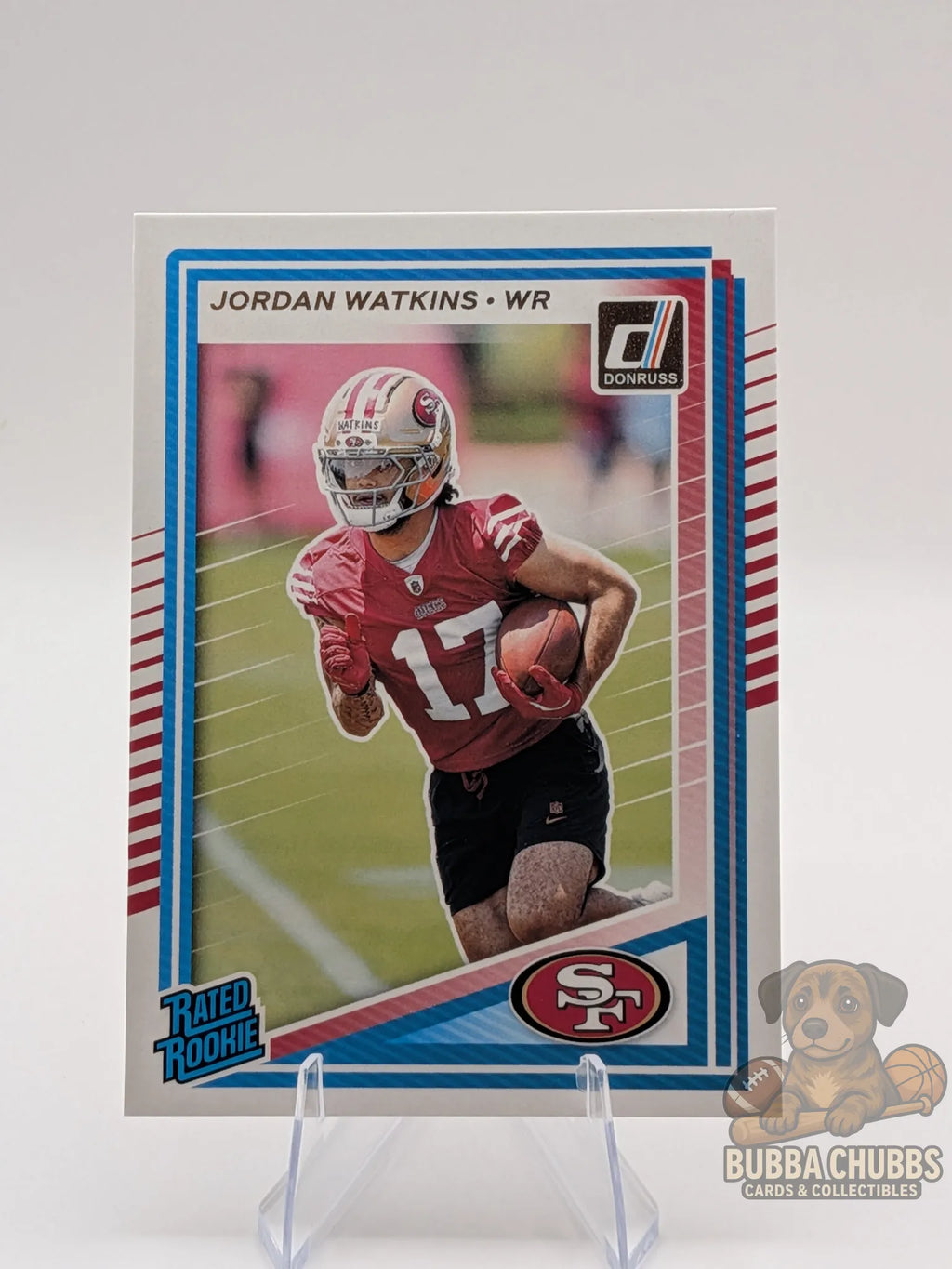 Football trading card of Jordan Watkins with San Francisco 49ers panini donruss rated rookie 
