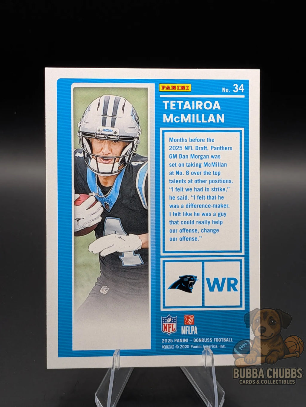 Football trading card of Tetairoa McMillan of the Carolina Panthers panini donruss the rookies blue foil holographic checkerboard parallel
