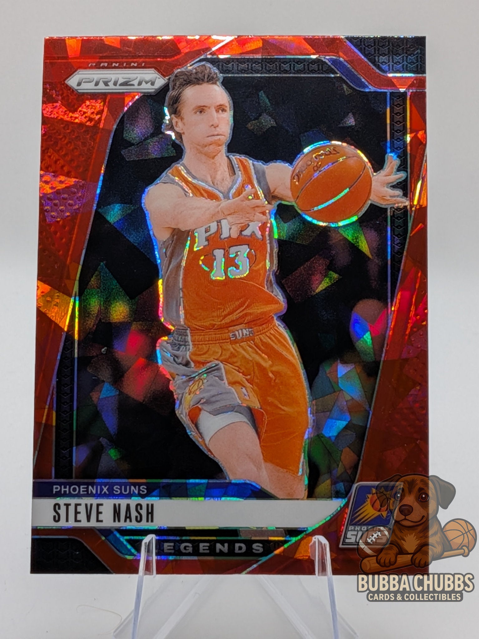 Basketball trading card of Steve Nash of the Suns panini prizm legends red cracked ice