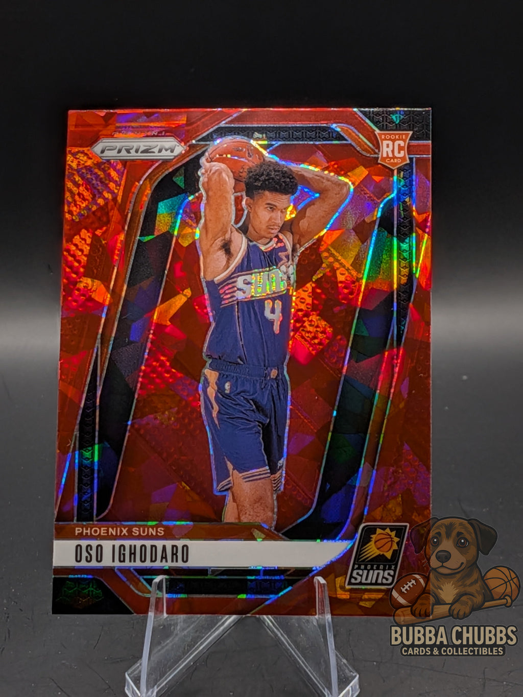 Basketball trading card of Oso Ighodaro of the Suns panini prizm red cracked ice rookie