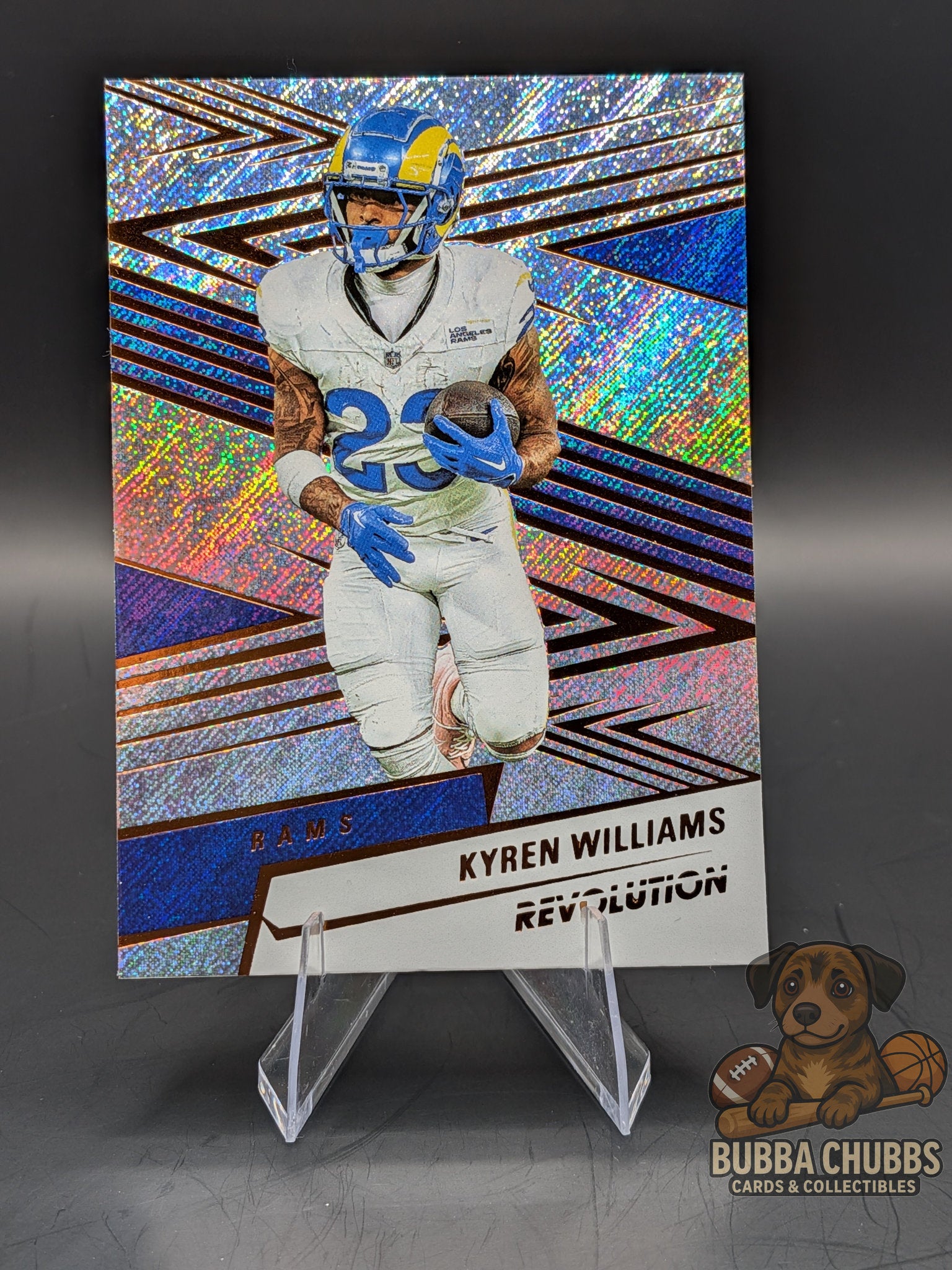 Collectible football sports card featuring Kyren Williams of the LA Rams Panini Revolution foil