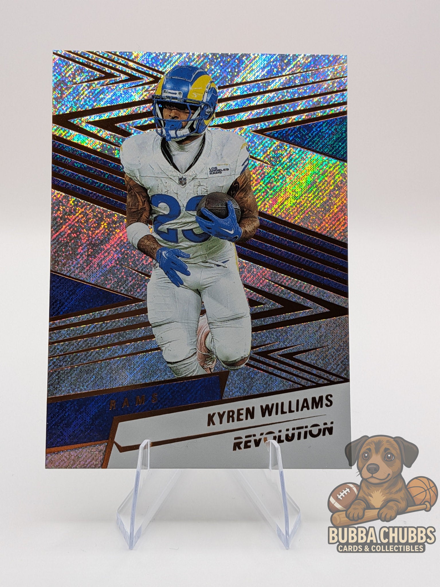 Collectible football sports card featuring Kyren Williams of the LA Rams Panini Revolution foil