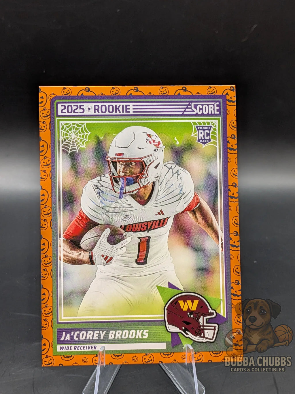 Football rookie trading card of a Ja'Corey Brooks o the Washington Commanders score-a-treat-halloween Panini