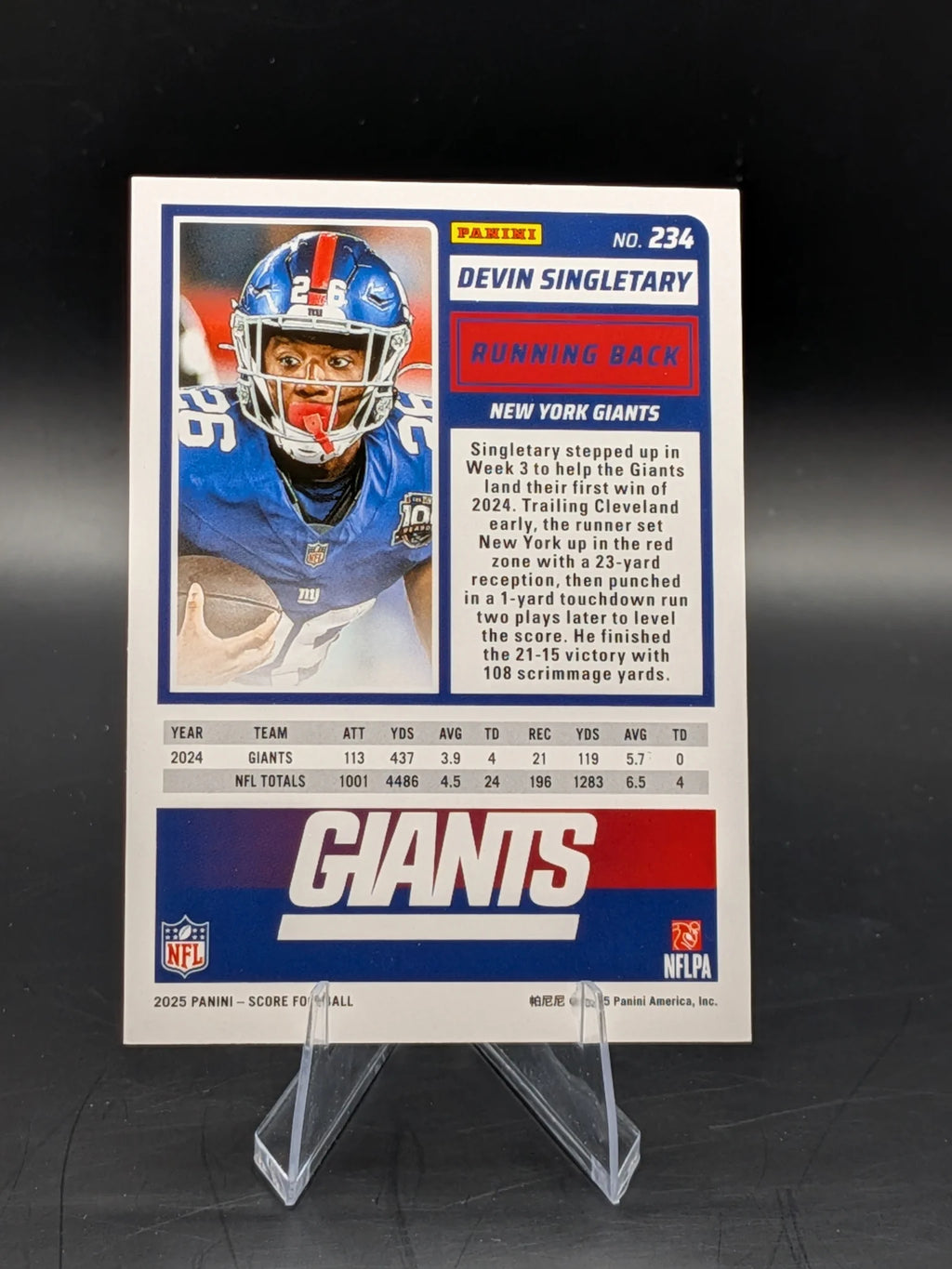 Baseball trading card of Devin Singletary in a New York Giants uniform Panini Score Green Bats Foil Score-A-Treat 