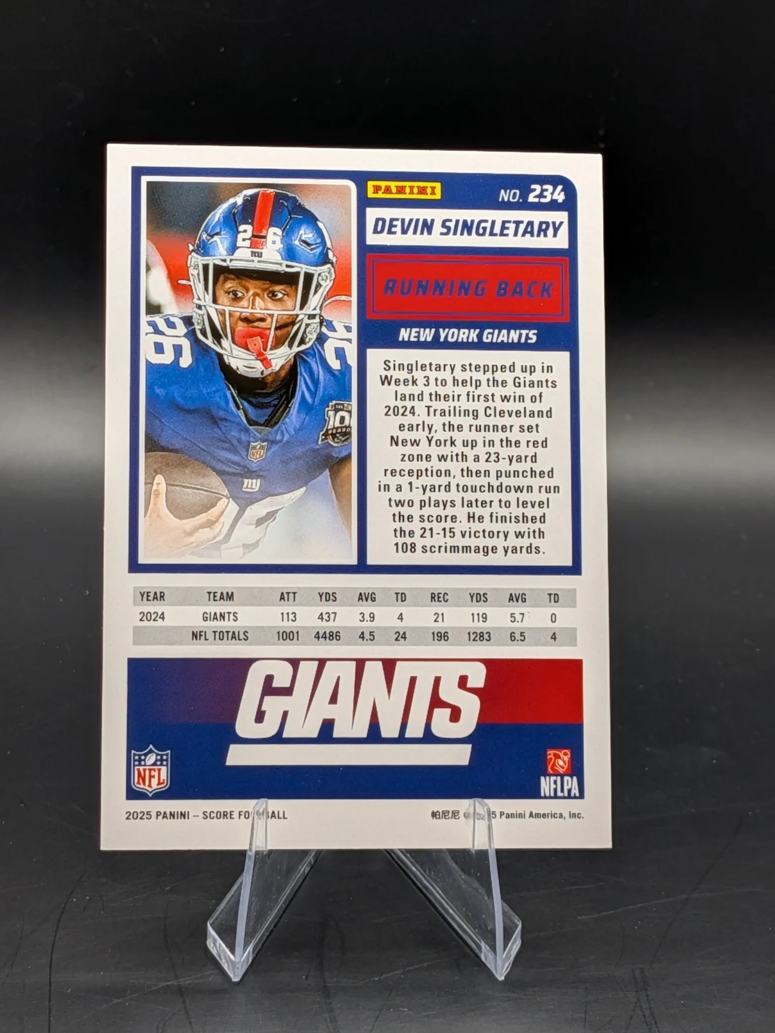 Baseball trading card of Devin Singletary in a New York Giants uniform Panini Score Green Bats Foil Score-A-Treat 