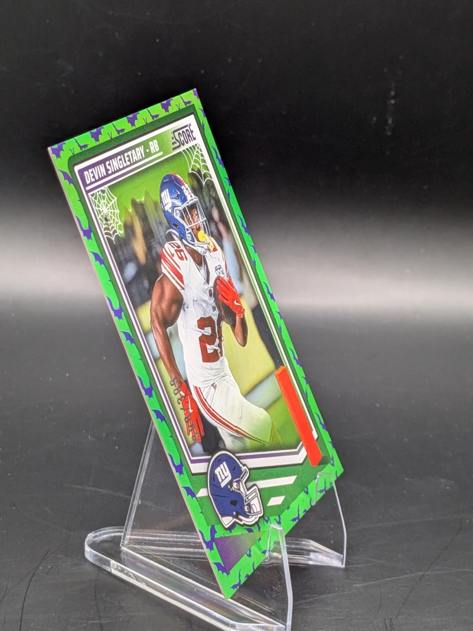 Baseball trading card of Devin Singletary in a New York Giants uniform Panini Score Green Bats Foil Score-A-Treat 