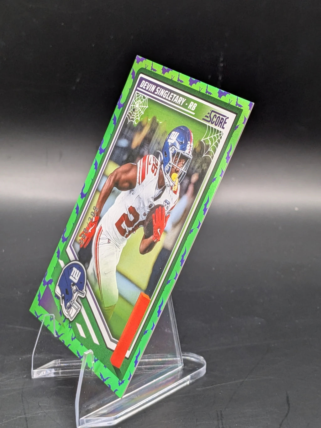 Baseball trading card of Devin Singletary in a New York Giants uniform Panini Score Green Bats Foil Score-A-Treat 