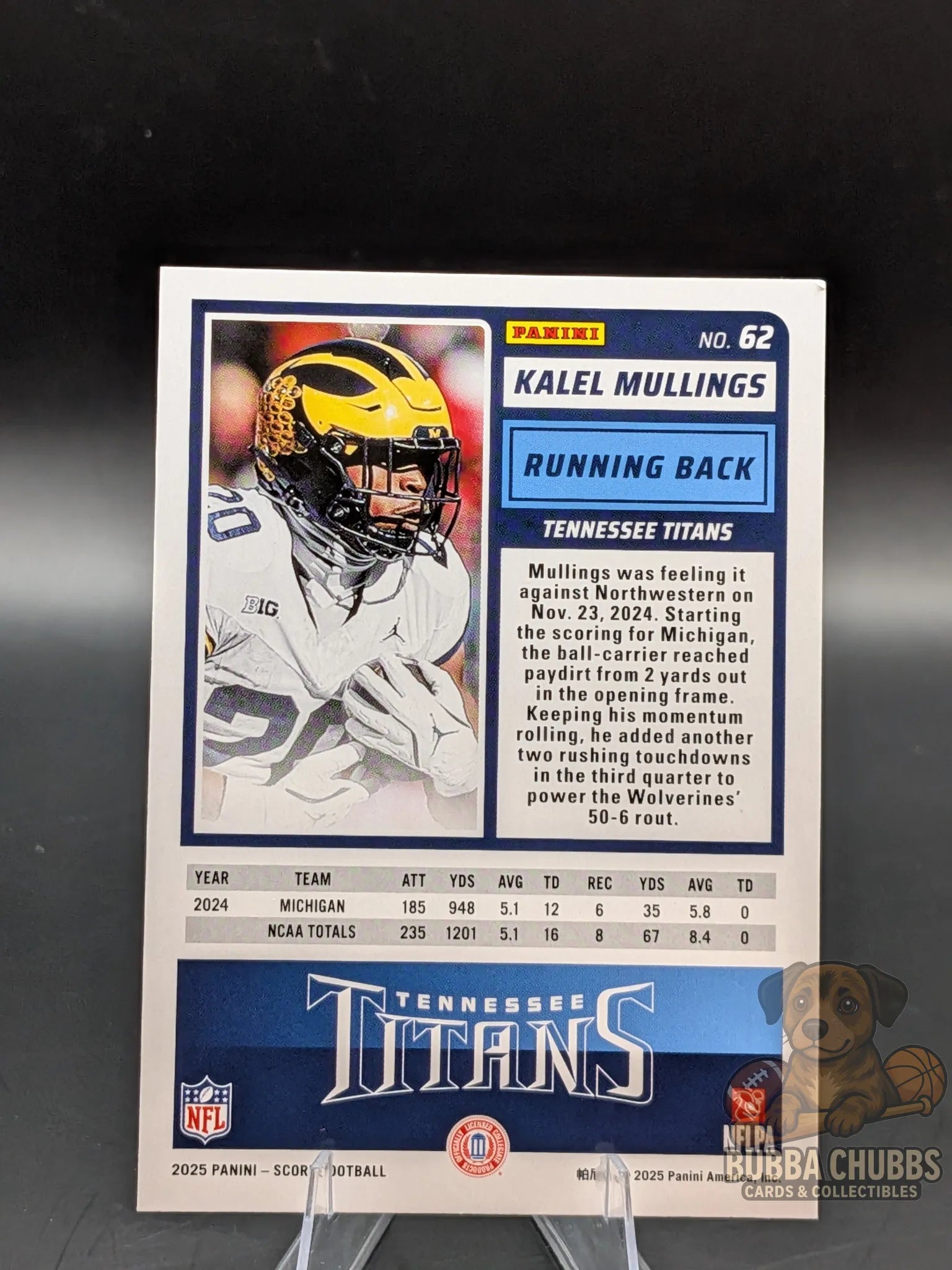 Football rookie trading card of Kalel Mullings of the Tennessee Titans score-a-treat halloween panini