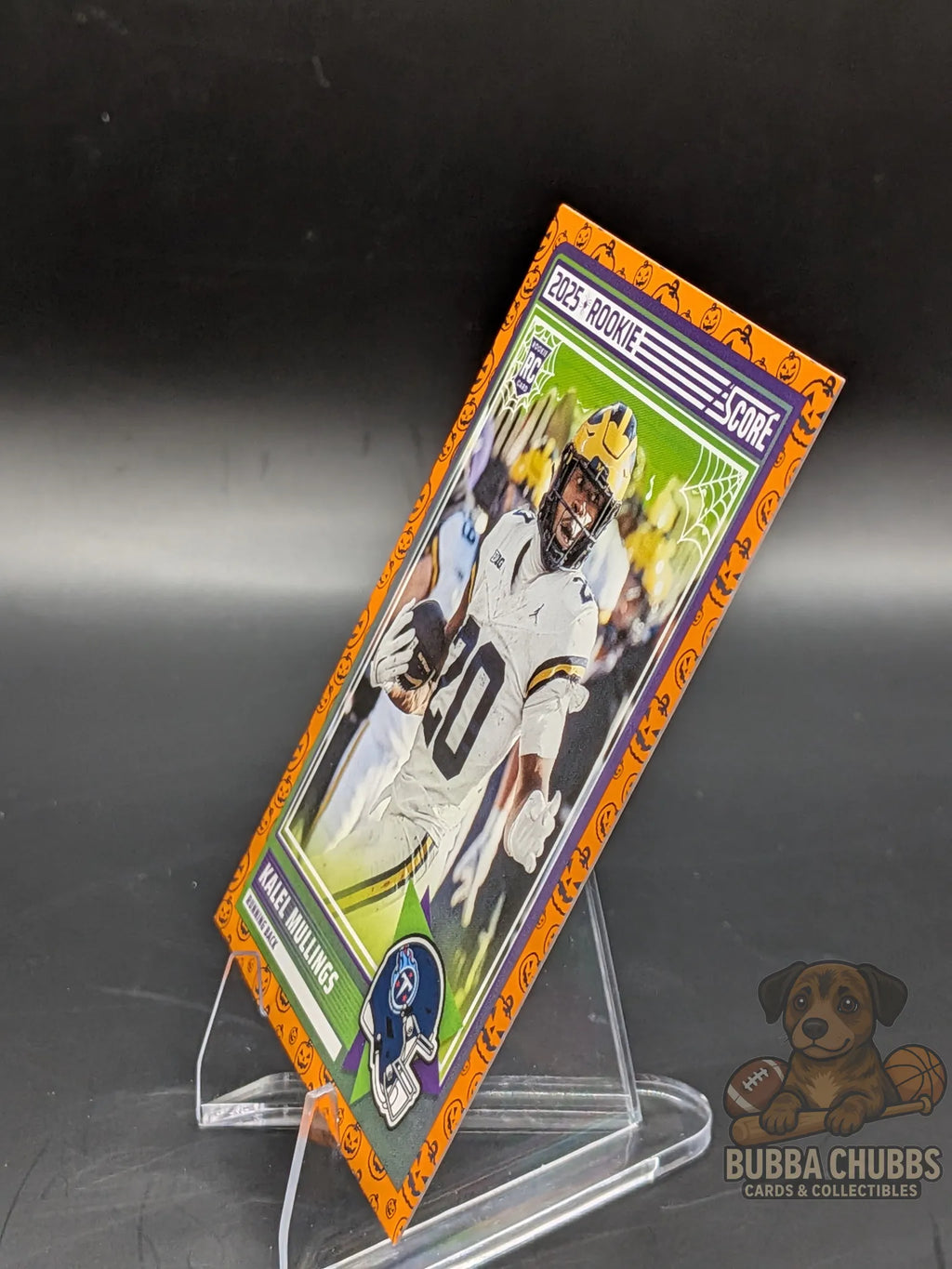 Football rookie trading card of Kalel Mullings of the Tennessee Titans score-a-treat halloween panini