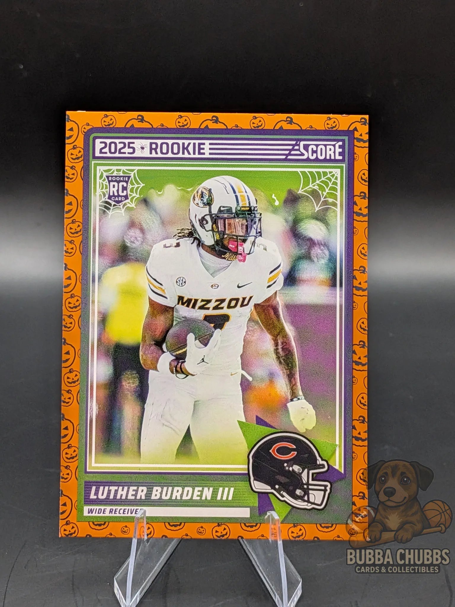 Football trading card of rookie Luther Burden III of the Chicago Bears score a treat halloween panini