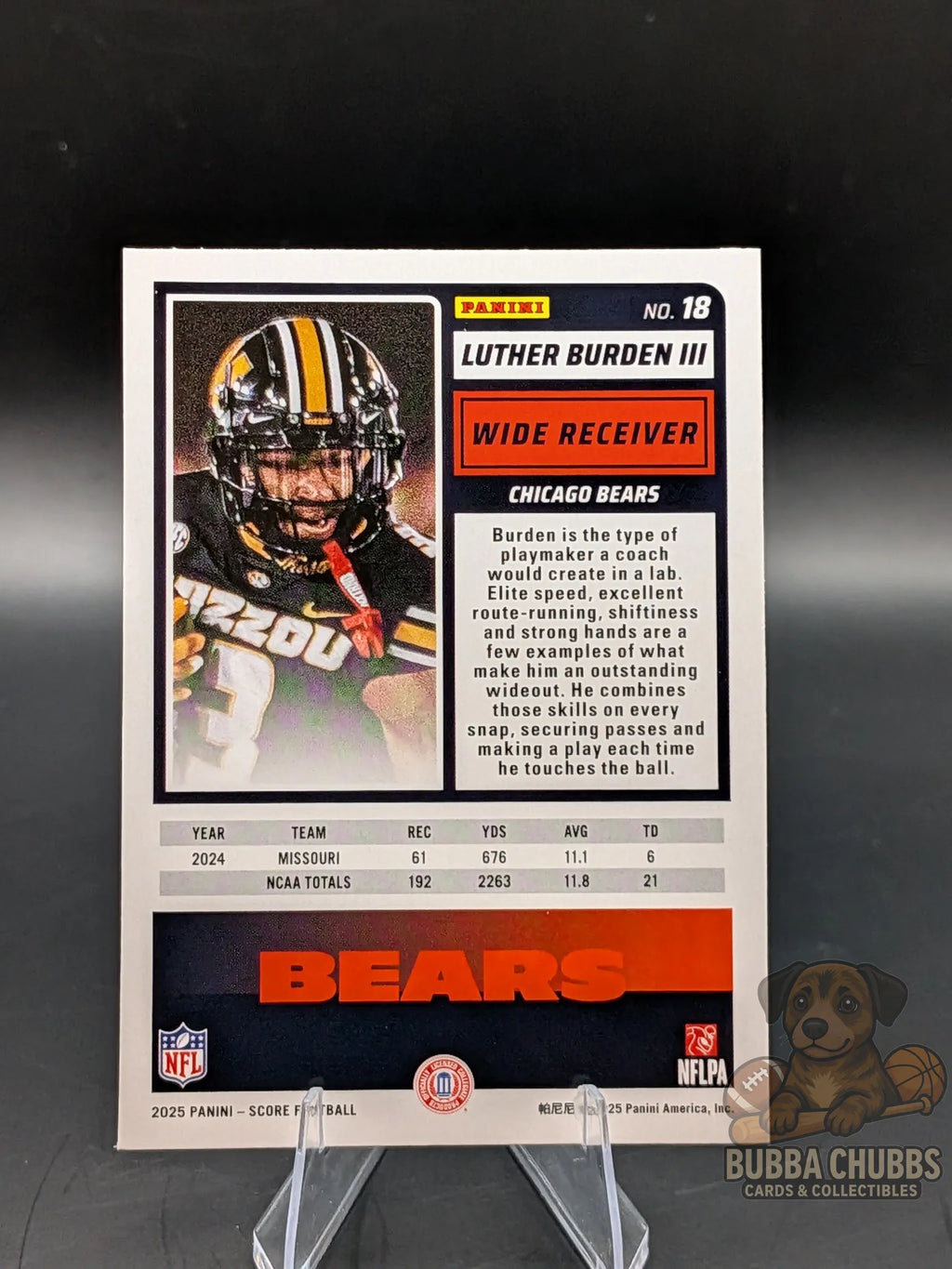 Football trading card of rookie Luther Burden III of the Chicago Bears score a treat halloween panini