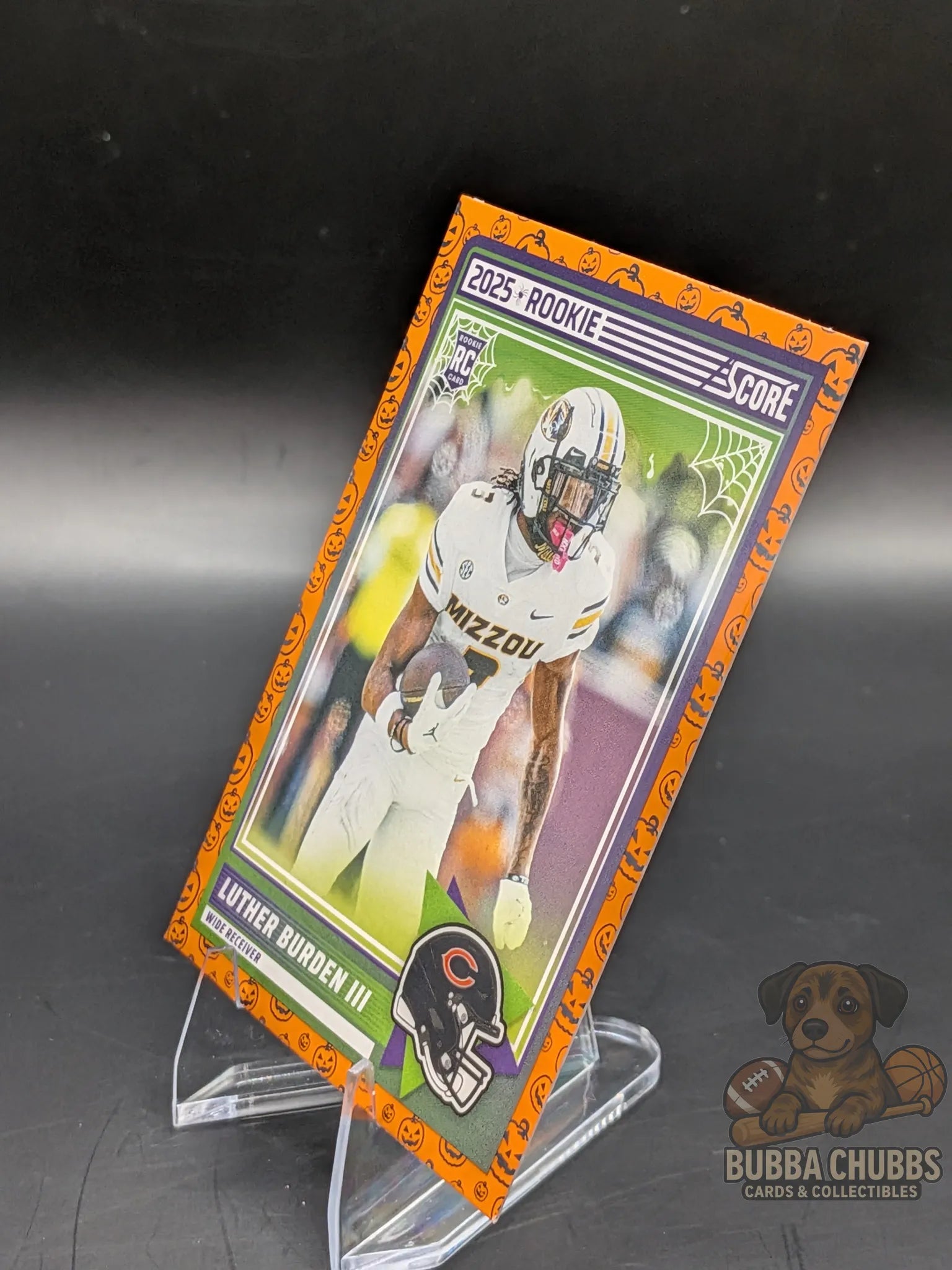 Football trading card of rookie Luther Burden III of the Chicago Bears score a treat halloween panini