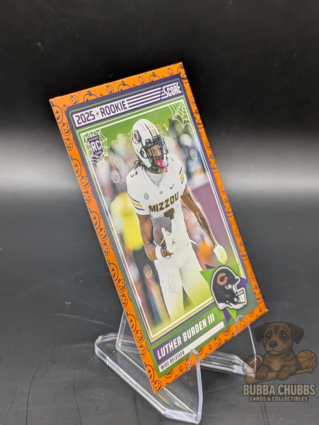 Football trading card of rookie Luther Burden III of the Chicago Bears score a treat halloween panini