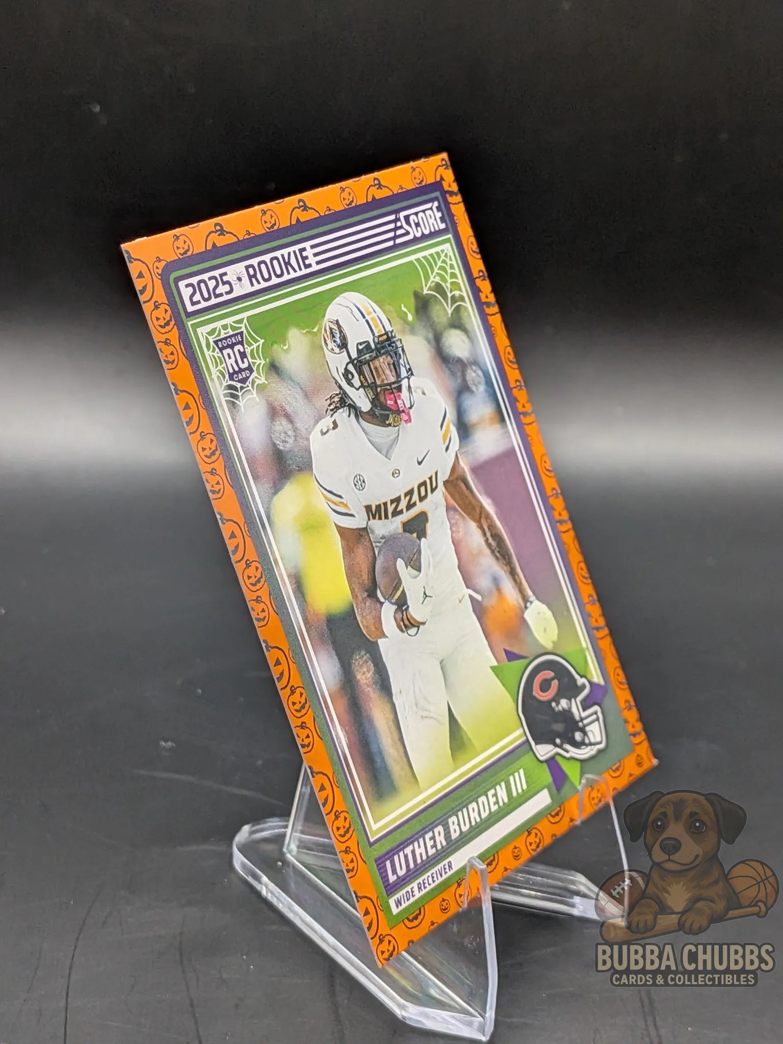 Football trading card of rookie Luther Burden III of the Chicago Bears score a treat halloween panini
