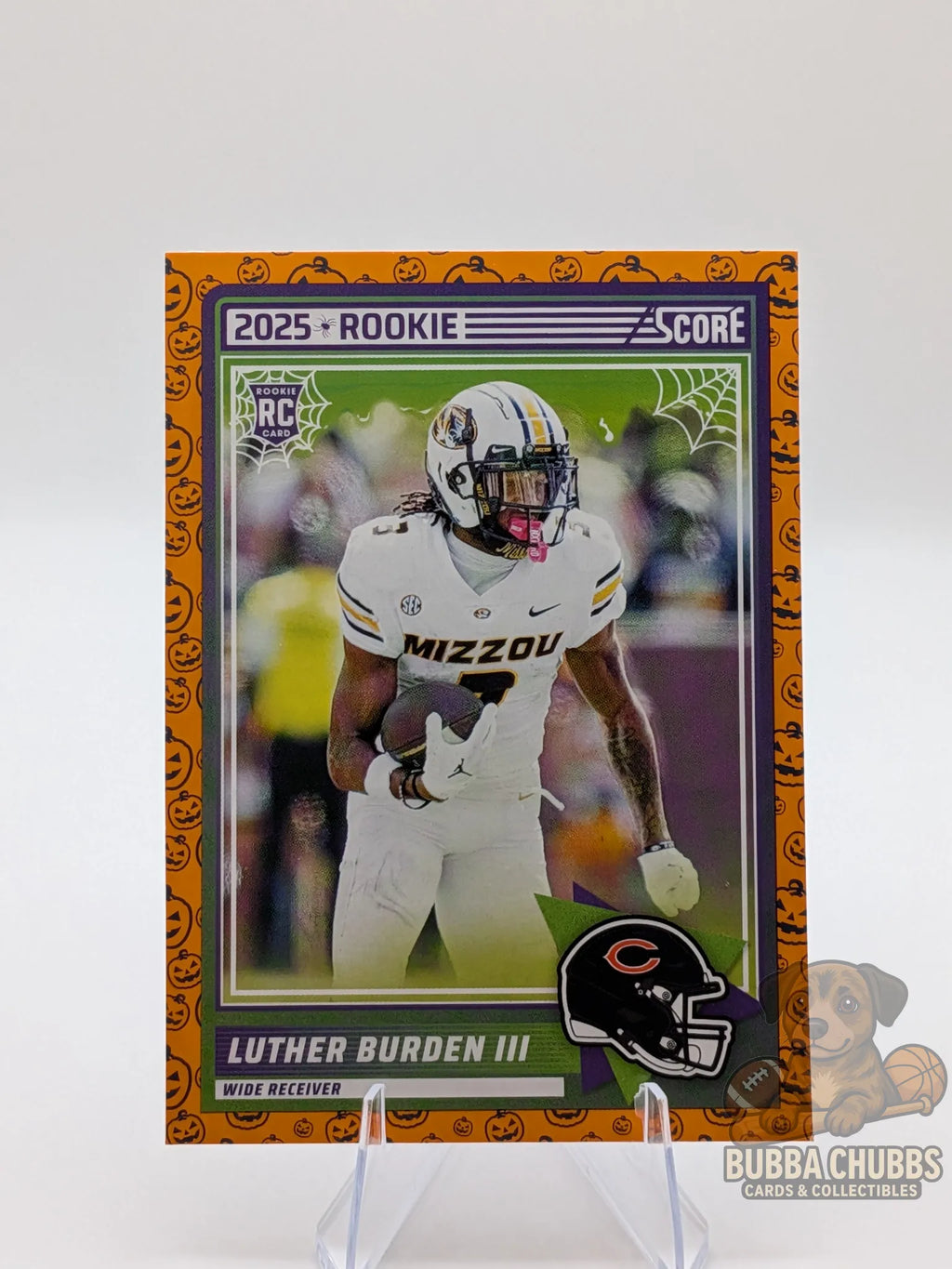 Football trading card of rookie Luther Burden III of the Chicago Bears score a treat halloween panini
