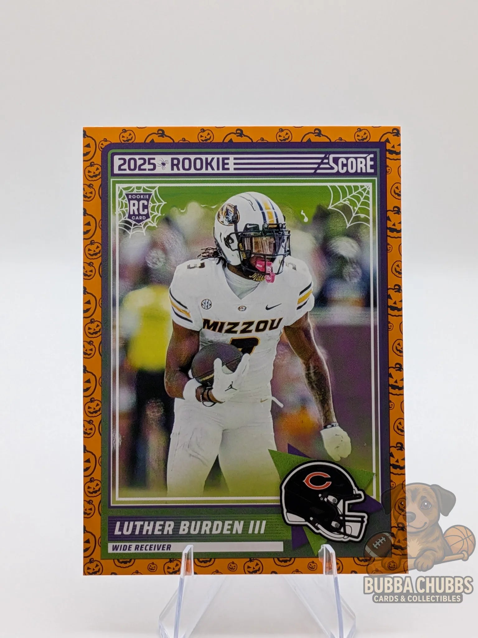 Football trading card of rookie Luther Burden III of the Chicago Bears score a treat halloween panini