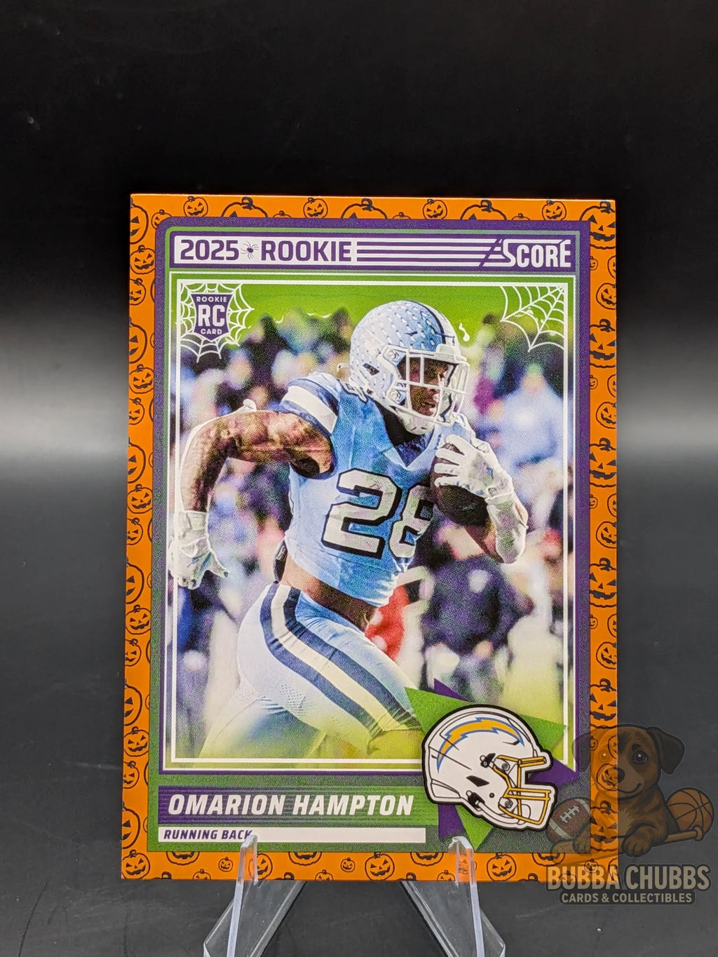 Football rookie trading card of omarion hampton of the LA Chargers score-a-treat halloween panini