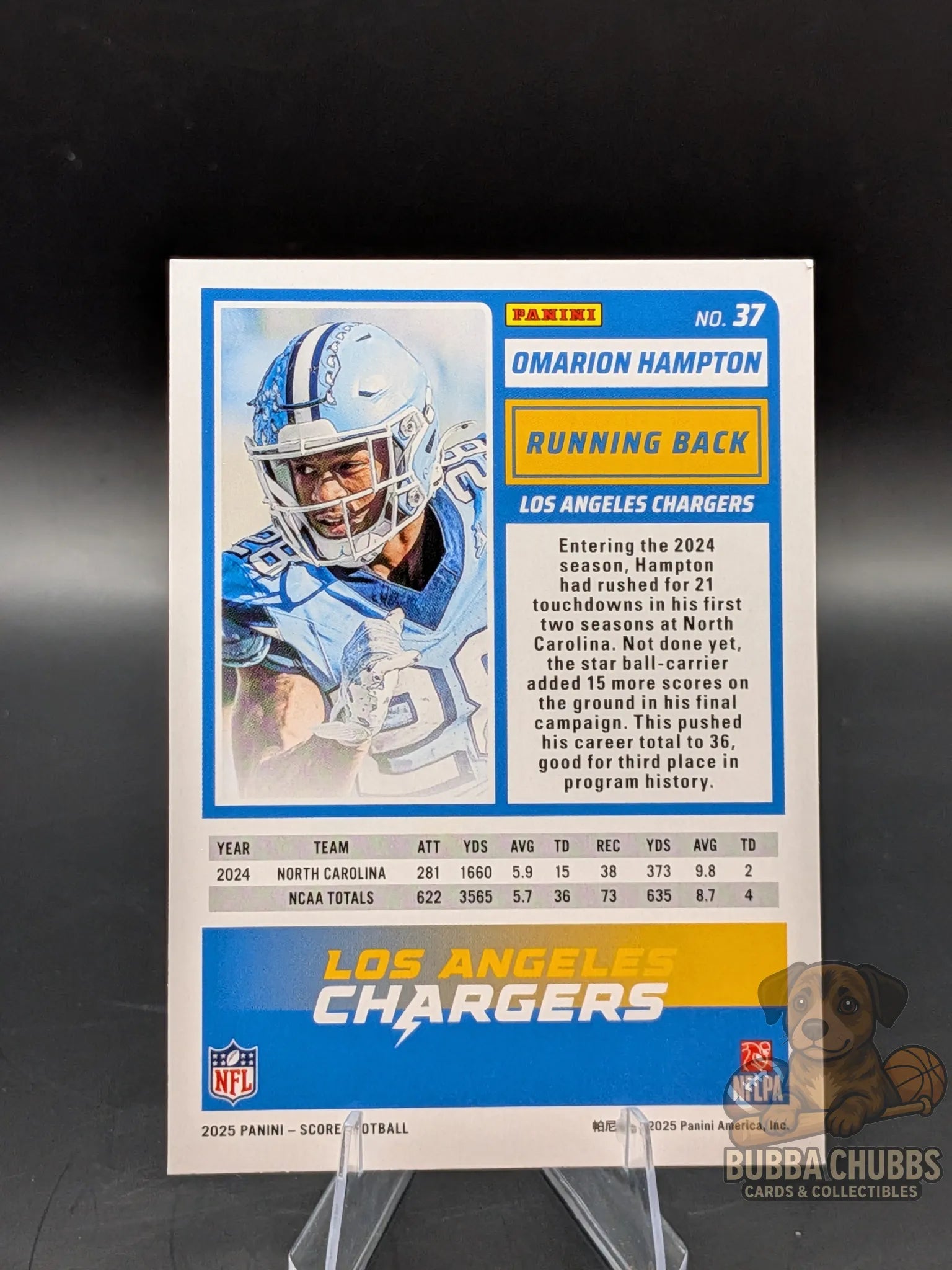Football rookie trading card of omarion hampton of the LA Chargers score-a-treat halloween panini