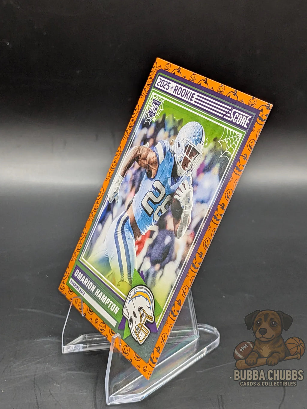 Football rookie trading card of omarion hampton of the LA Chargers score-a-treat halloween panini