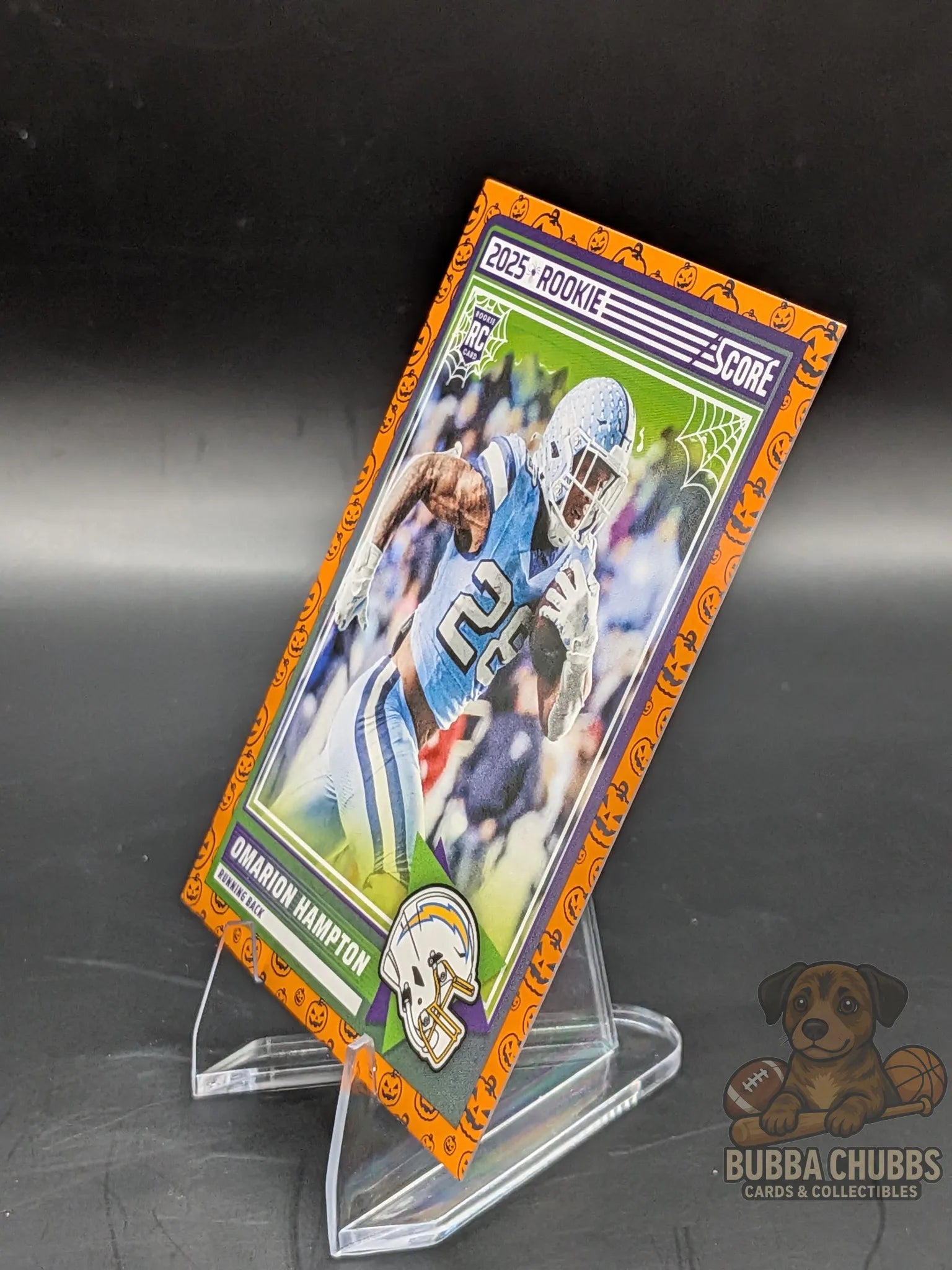 Football rookie trading card of omarion hampton of the LA Chargers score-a-treat halloween panini