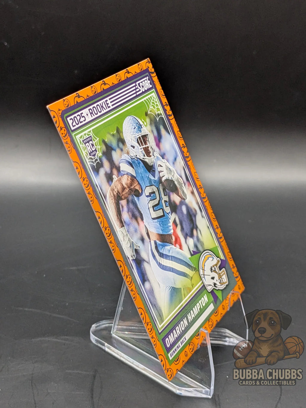 Football rookie trading card of omarion hampton of the LA Chargers score-a-treat halloween panini