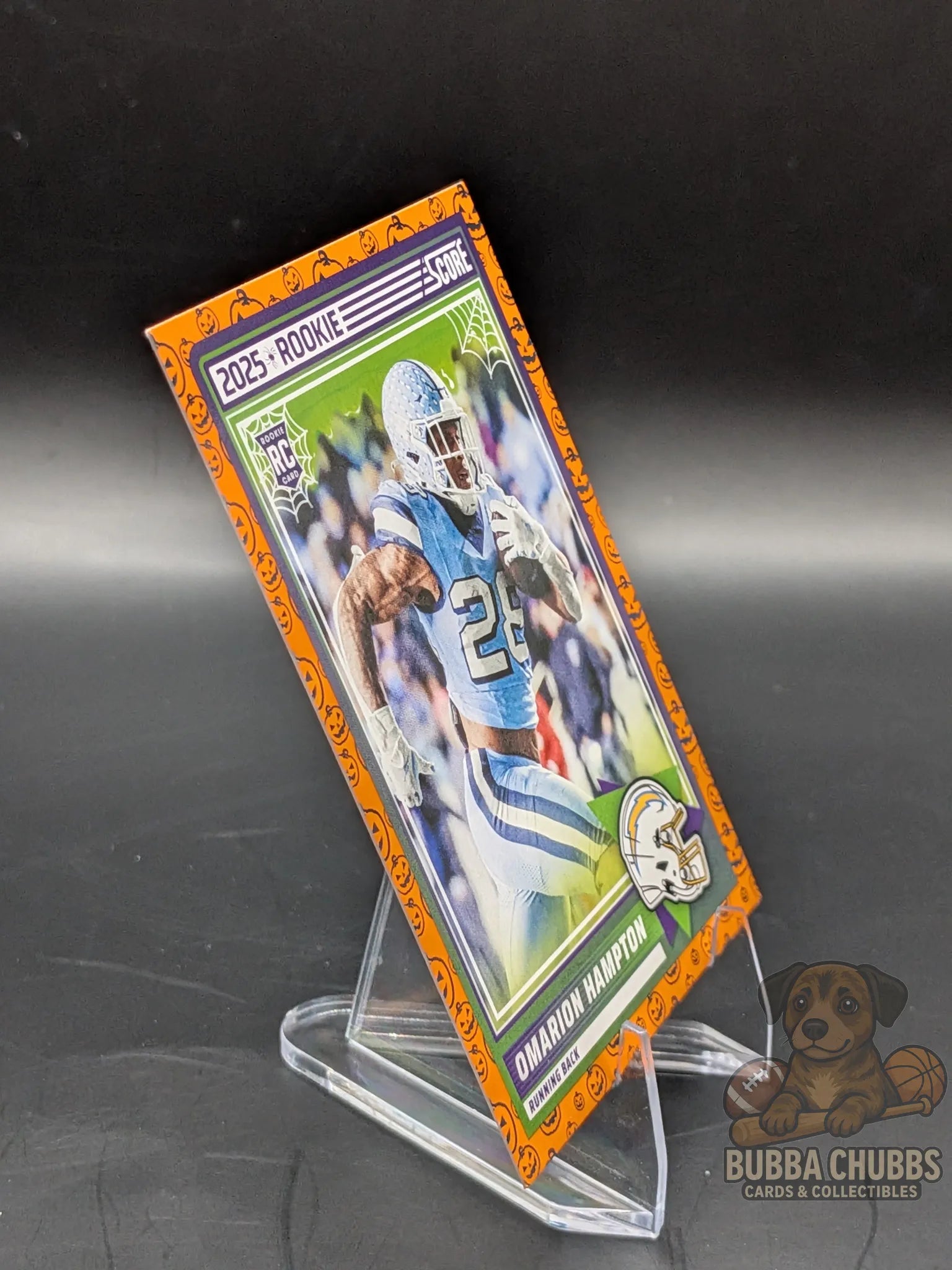 Football rookie trading card of omarion hampton of the LA Chargers score-a-treat halloween panini