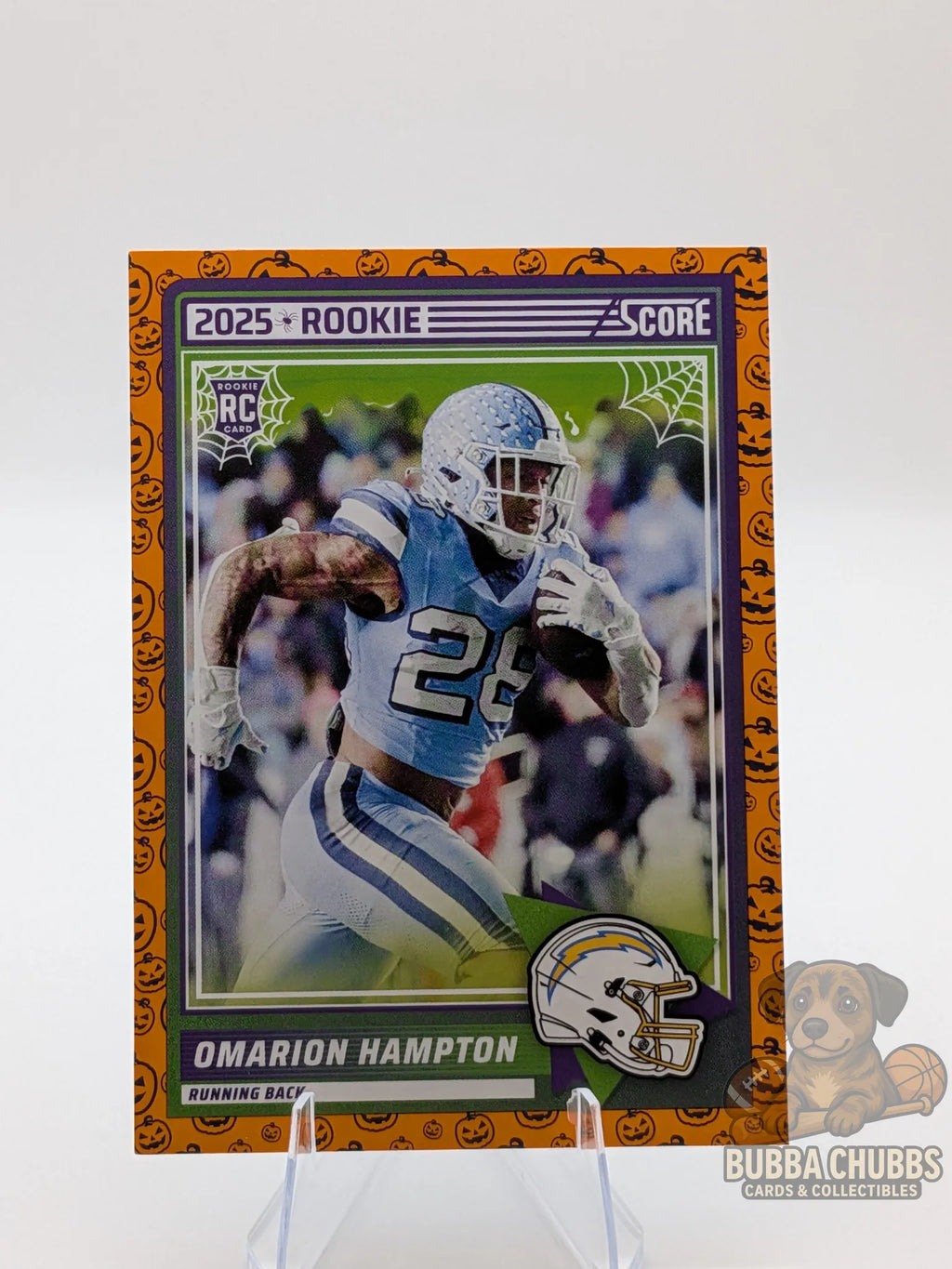 Football rookie trading card of omarion hampton of the LA Chargers score-a-treat halloween panini