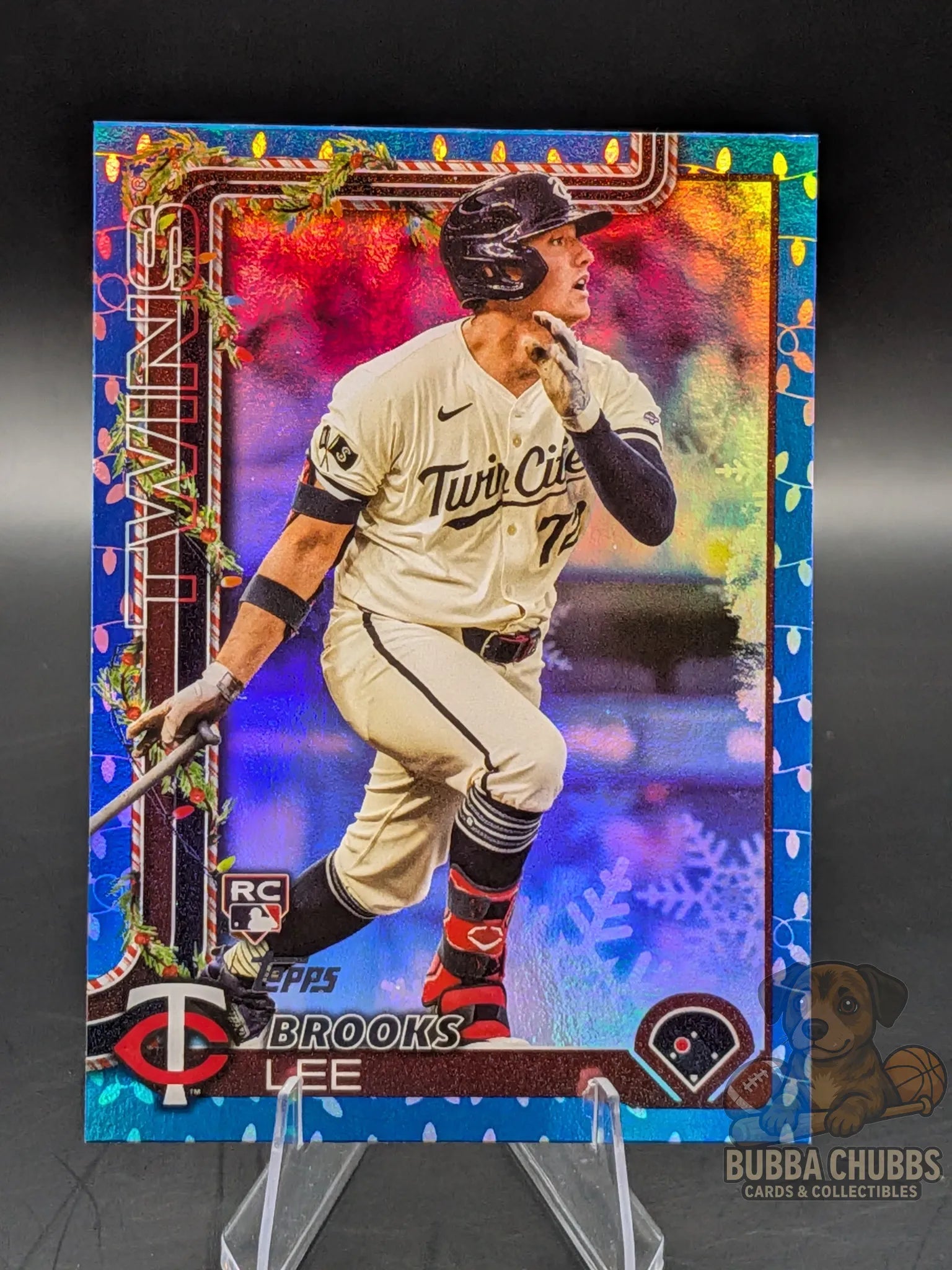 Baseball rookie trading card featuring Brooks Lee of the Minnesota Twins topps holiday blue parallel