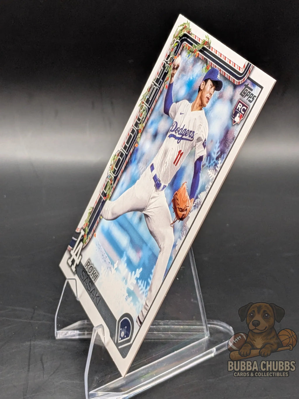 Baseball rookie trading card of Roki Sasaki of the Los Angeles Dodgers topps holiday parallel