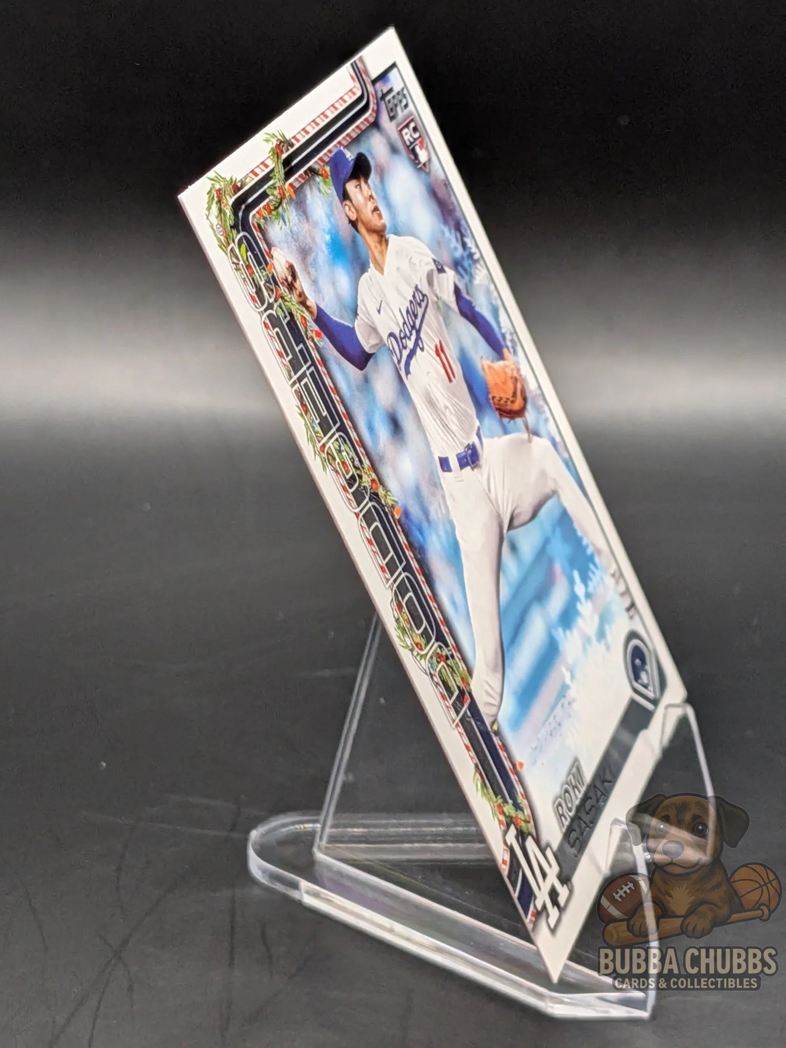 Baseball rookie trading card of Roki Sasaki of the Los Angeles Dodgers topps holiday parallel
