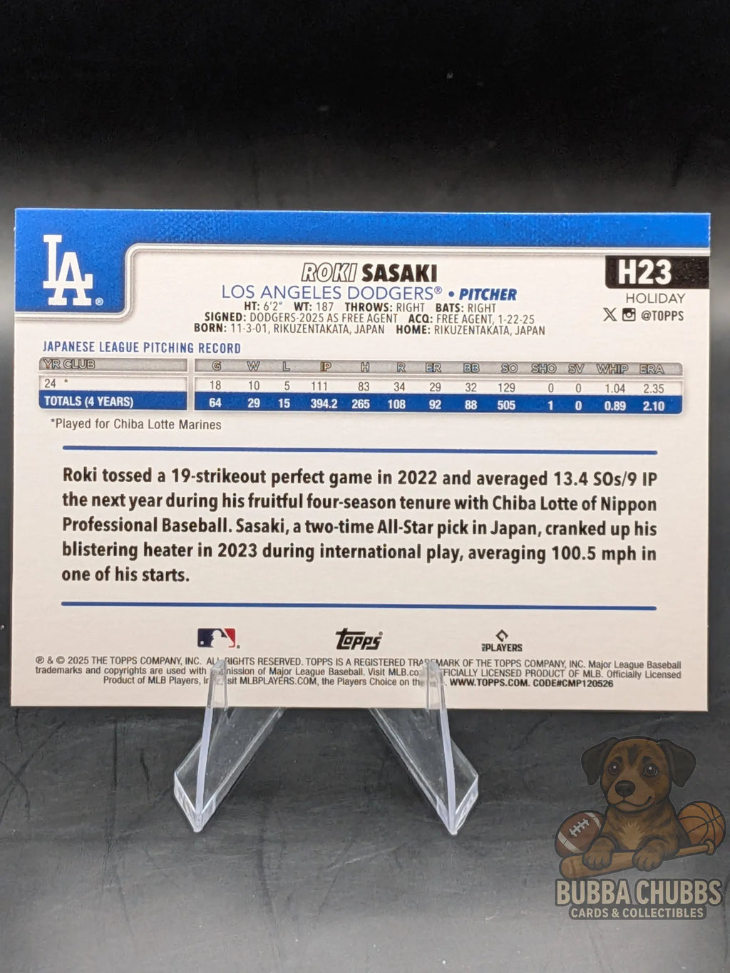 Baseball rookie trading card of Roki Sasaki of the Los Angeles Dodgers topps holiday parallel
