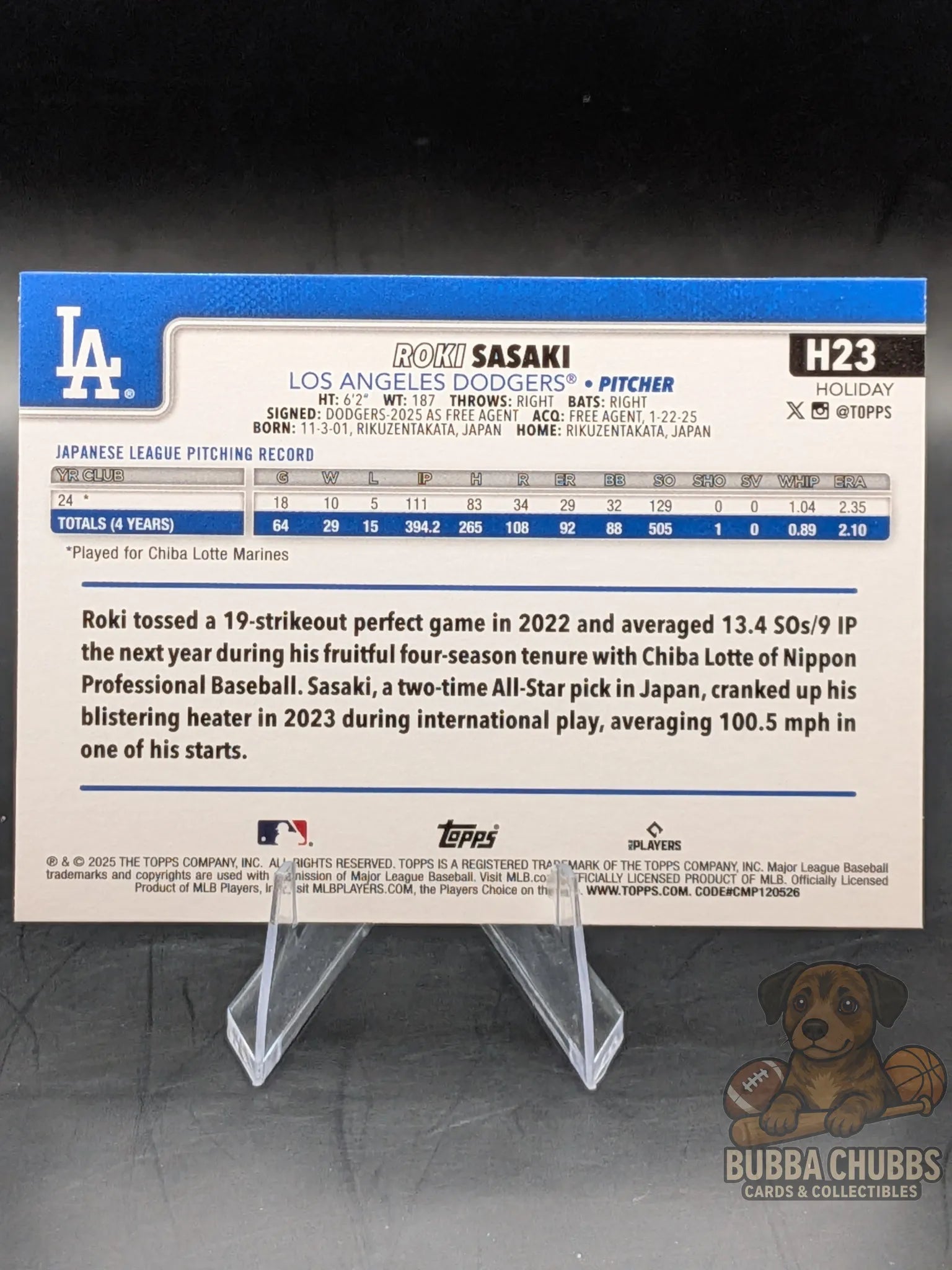 Baseball rookie trading card of Roki Sasaki of the Los Angeles Dodgers topps holiday parallel