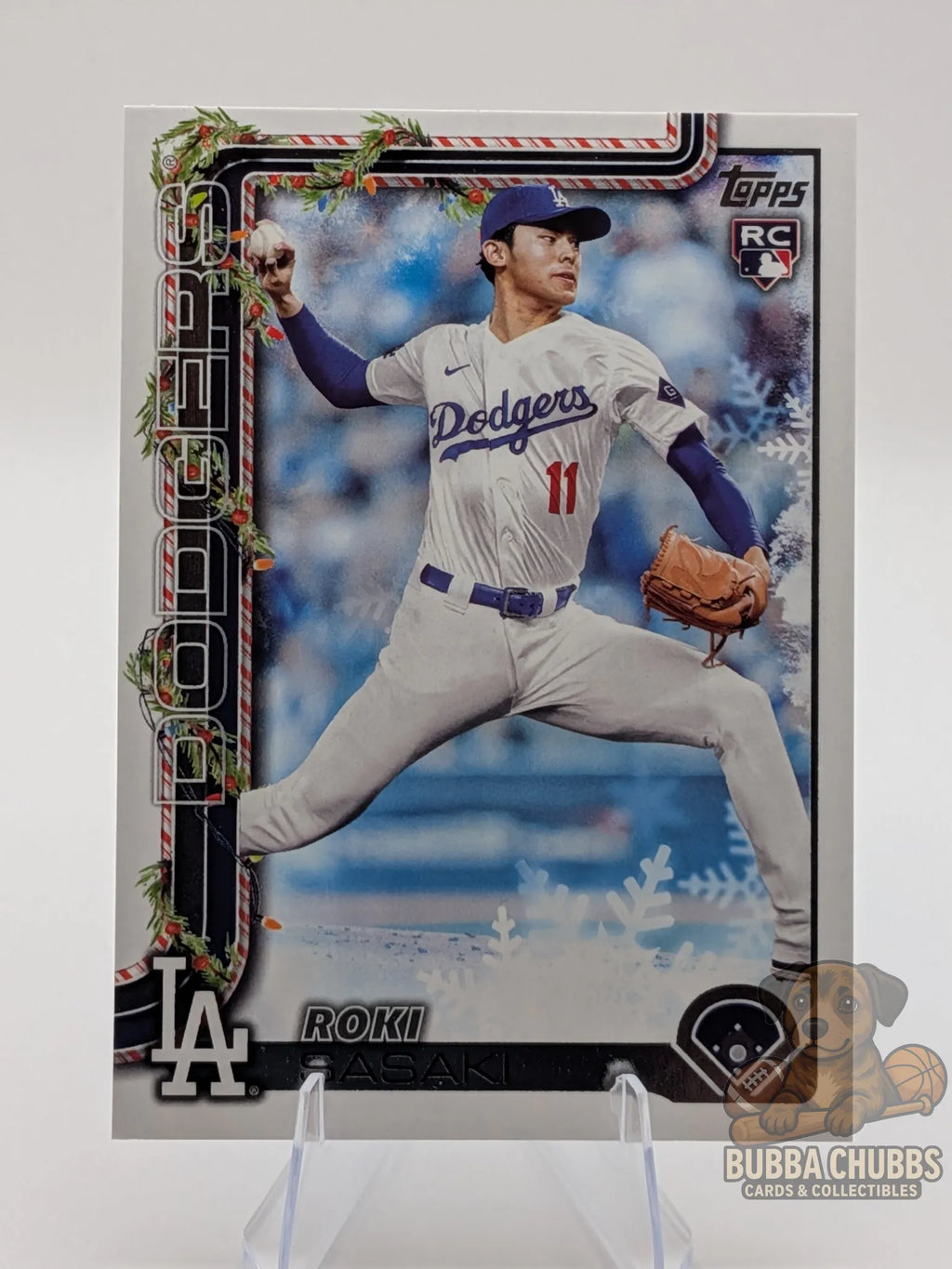 Baseball rookie trading card of Roki Sasaki of the Los Angeles Dodgers topps holiday parallel
