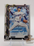 Baseball rookie trading card of Roki Sasaki of the Los Angeles Dodgers topps holiday parallel