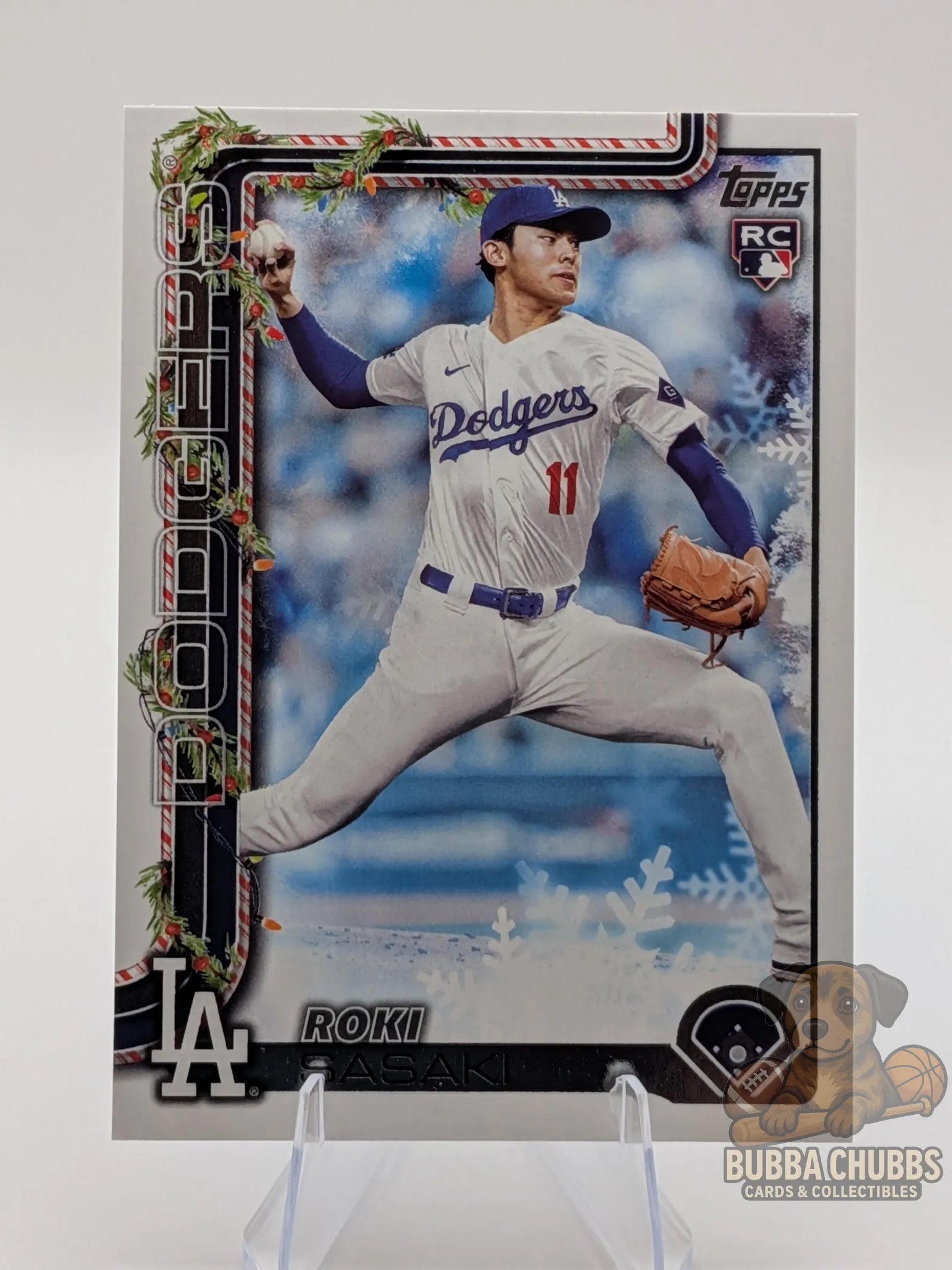 Baseball rookie trading card of Roki Sasaki of the Los Angeles Dodgers topps holiday parallel