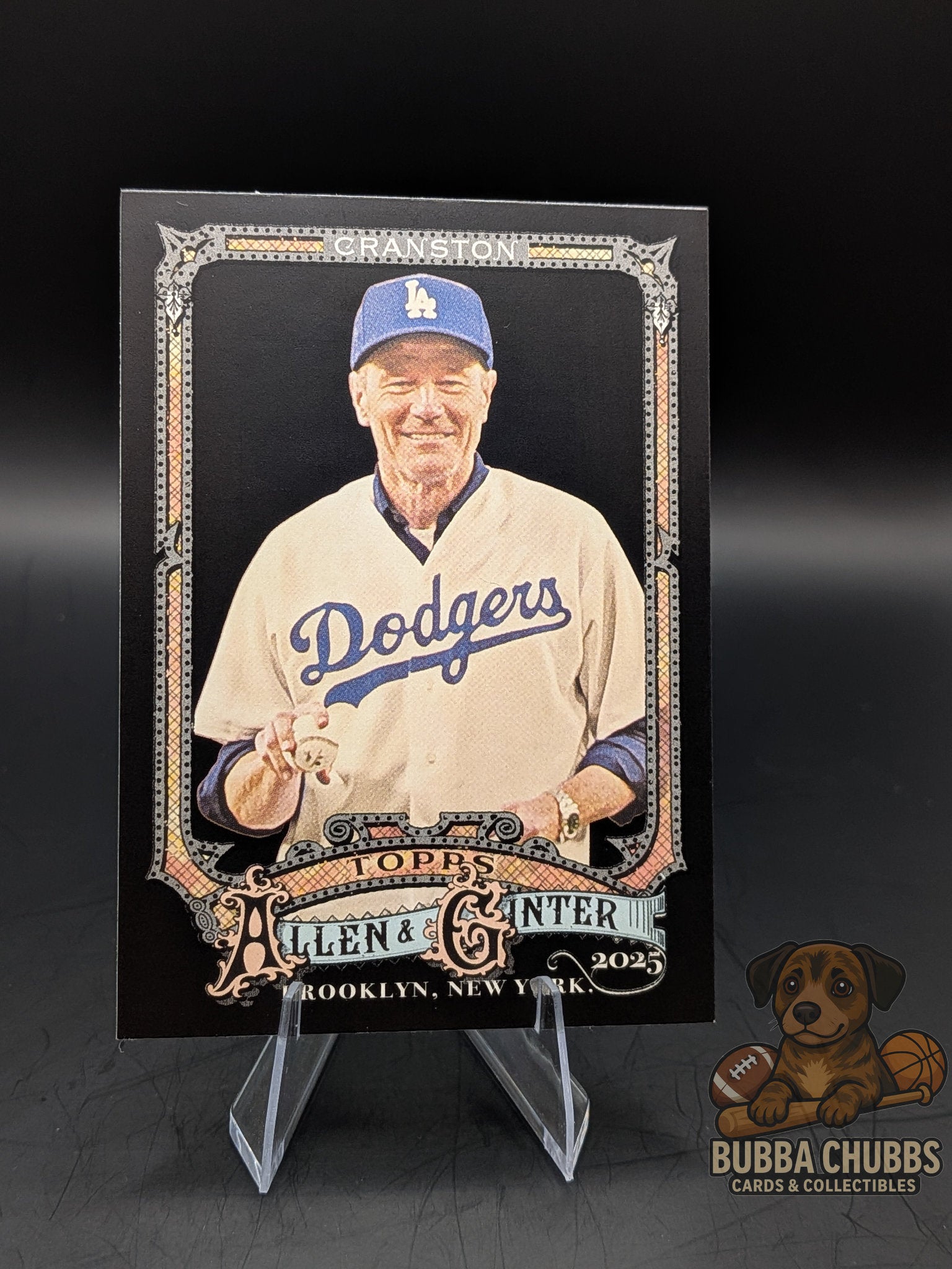 Baseball card of actor Bryan Cranston in a Dodgers uniform  topps allen & ginter black parallel