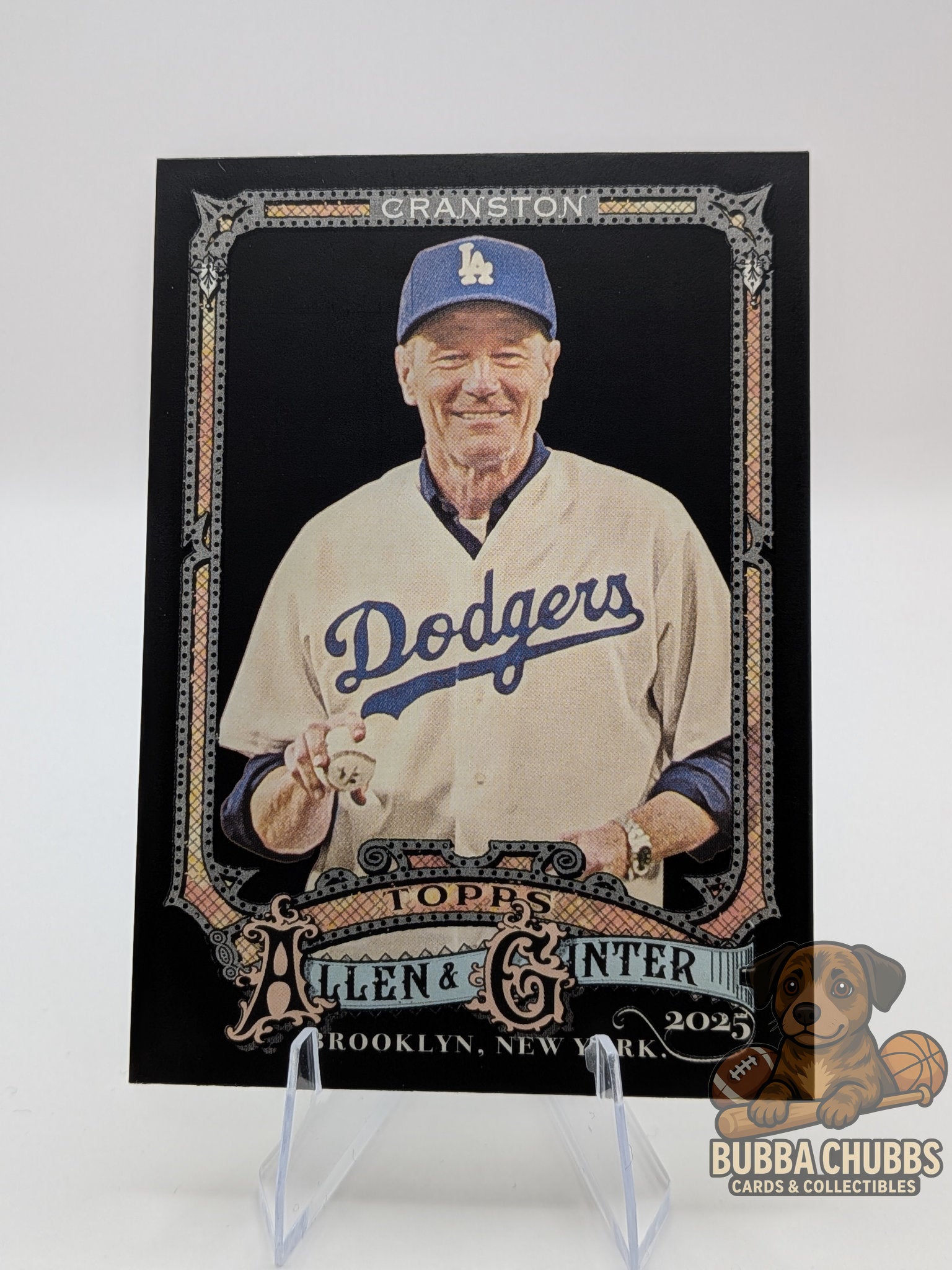 Baseball card of actor Bryan Cranston in a Dodgers uniform  topps allen & ginter black parallel