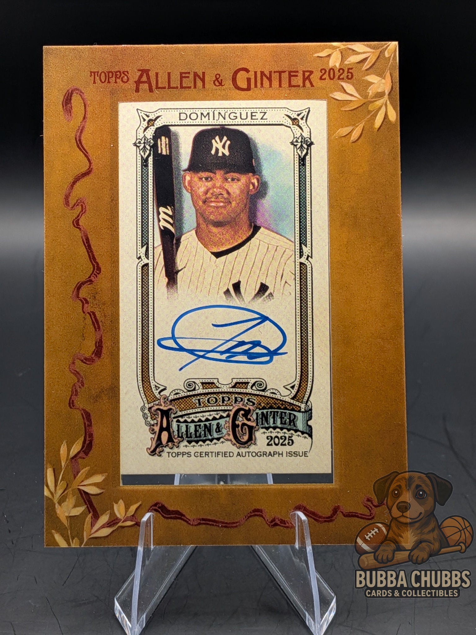 Baseball card featuring jasson dominguez topps allen & ginter framed mini autograph blue ink