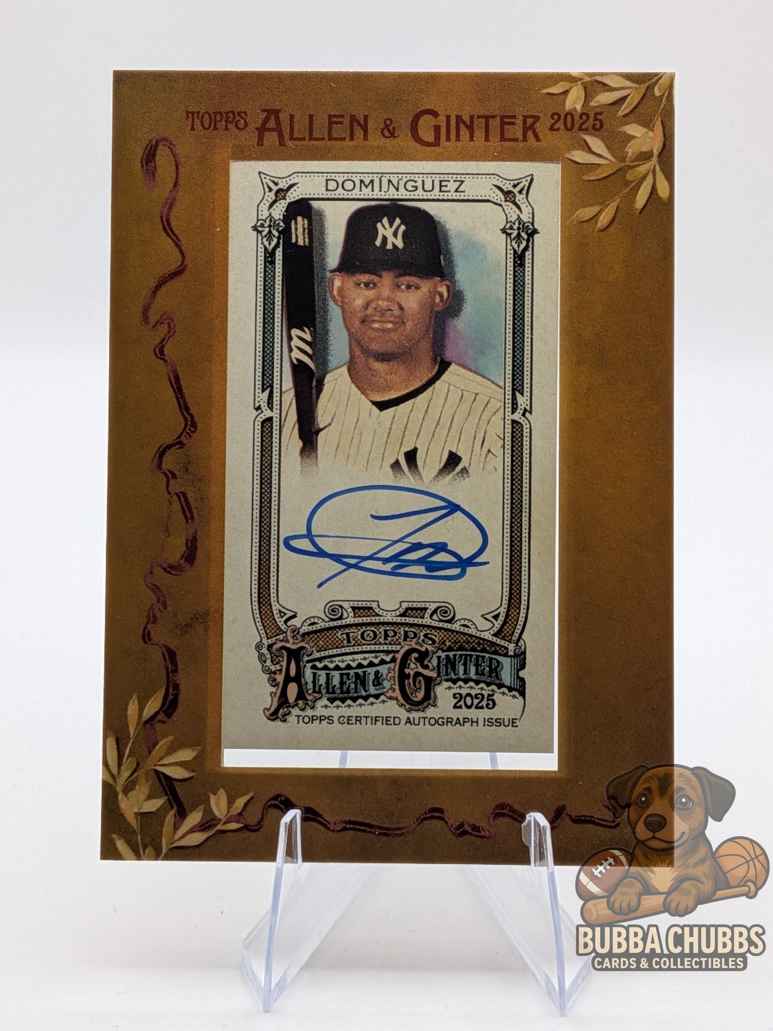 Baseball card featuring jasson dominguez topps allen & ginter framed mini autograph blue ink