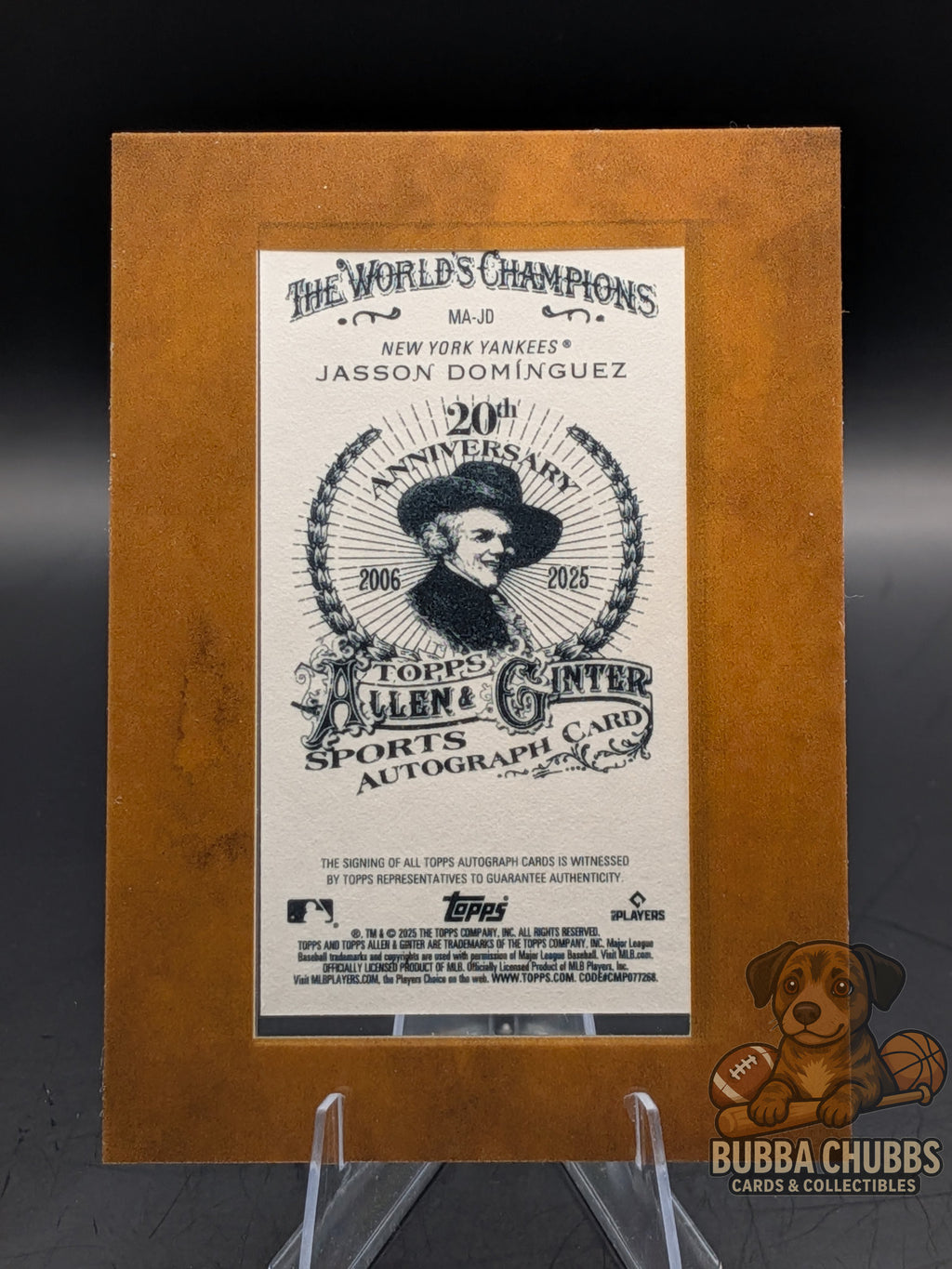 Baseball card featuring jasson dominguez topps allen & ginter framed mini autograph blue ink