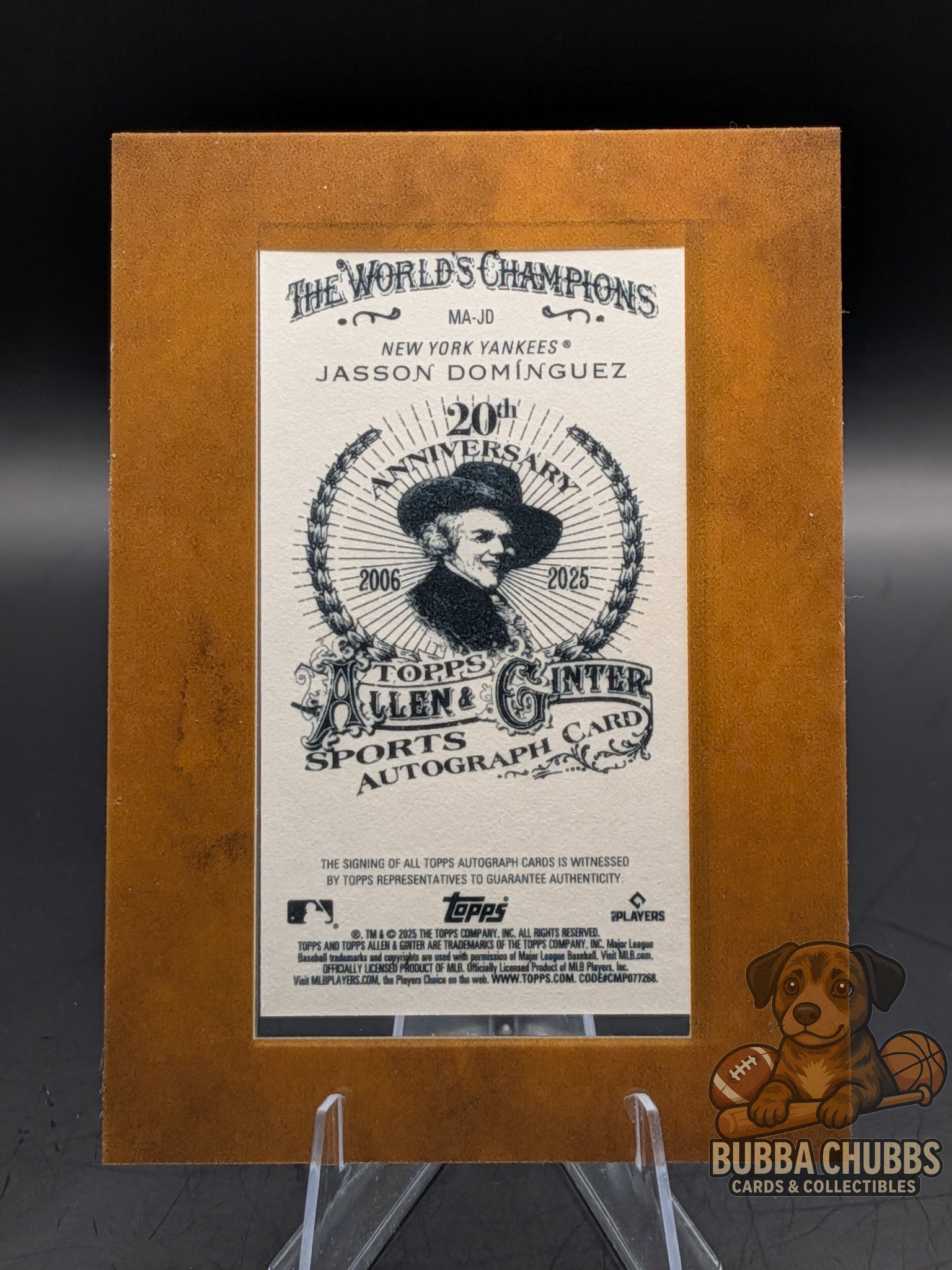 Baseball card featuring jasson dominguez topps allen & ginter framed mini autograph blue ink