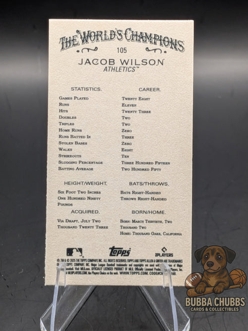 Baseball trading card of a Jacob Wilson topps allen & ginter mini rookie