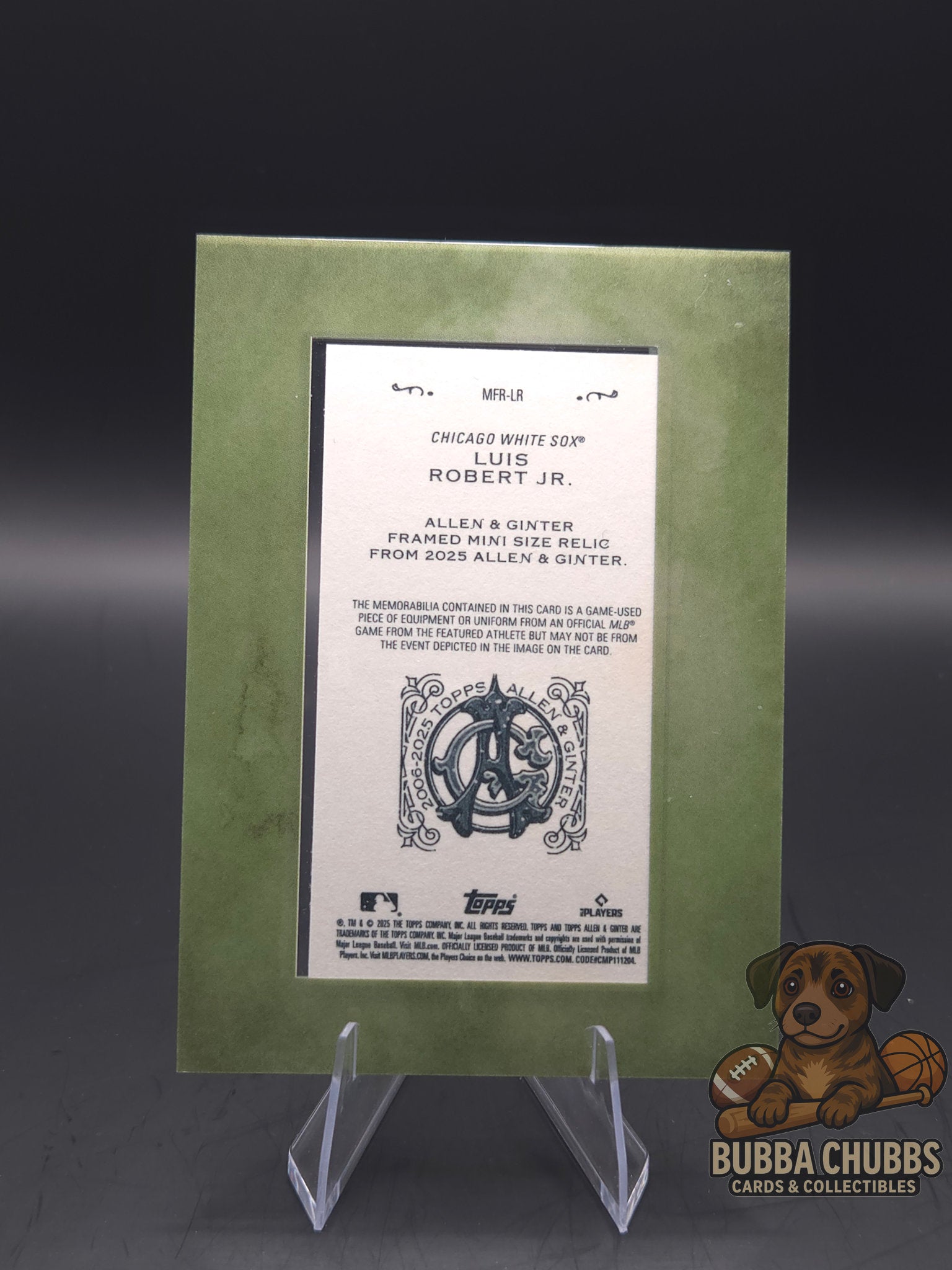 Trading card featuring a Luis Robert Jr Topps Allen & Ginter framed mini relic